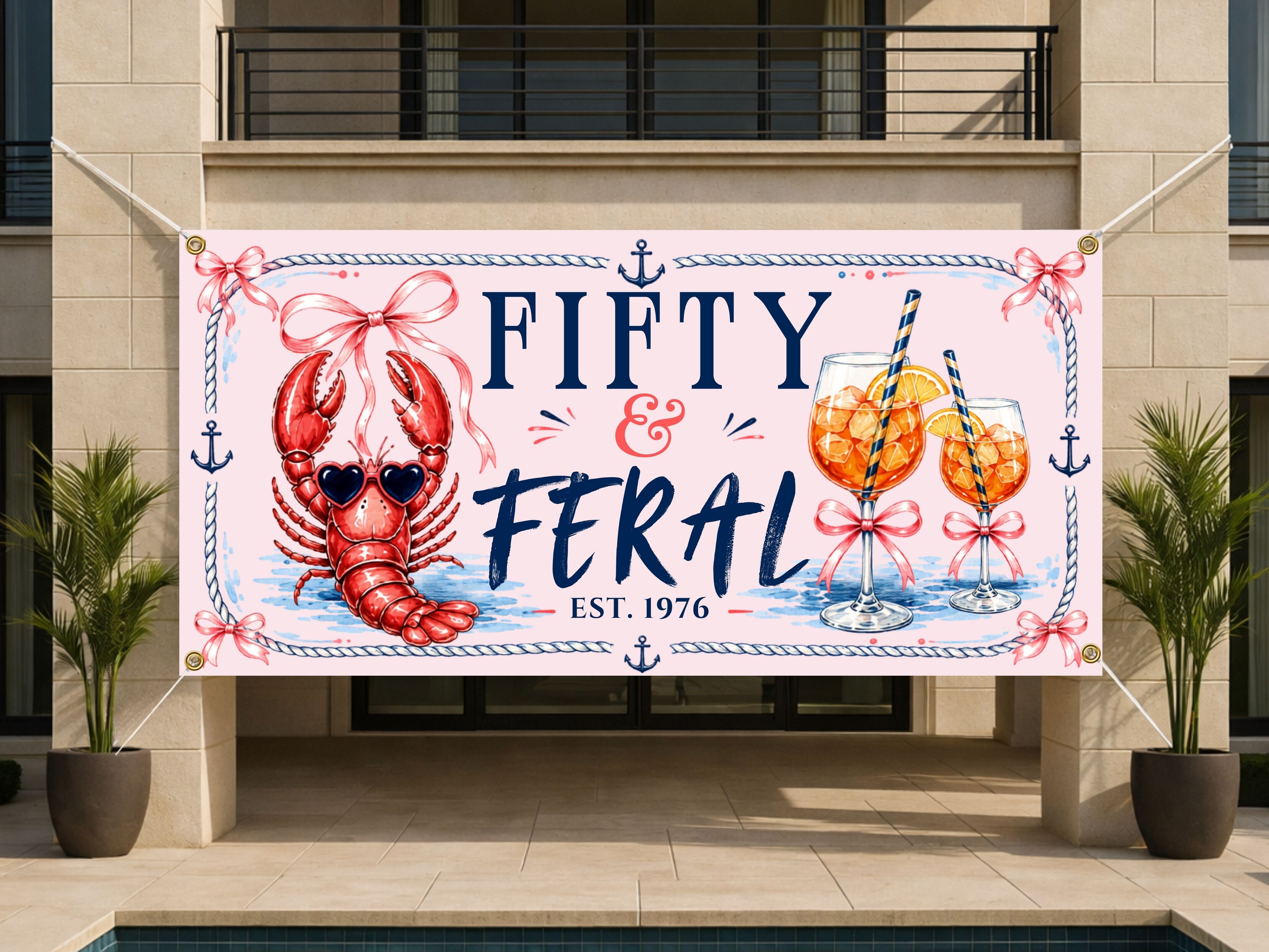 Fifty & Feral Coastal Crab and Martini 50th Birthday Banner