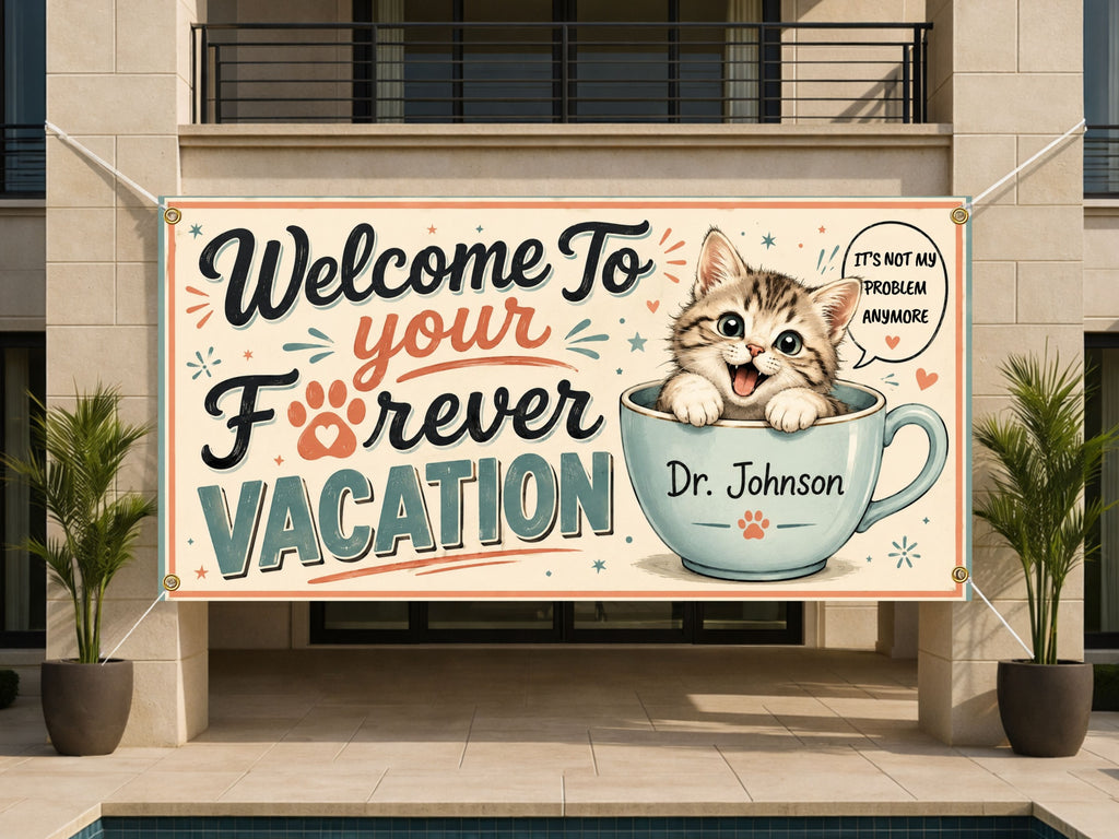 Retirement Party Banner, Forever Vacation Sign, Funny Cat Backdrop
