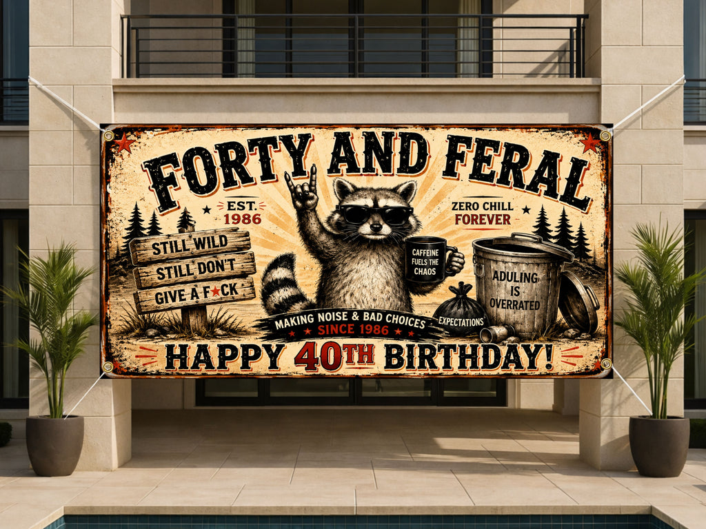 Funny 40th Birthday Banner, Forty And Feral Party Sign, Raccoon Backdrop
