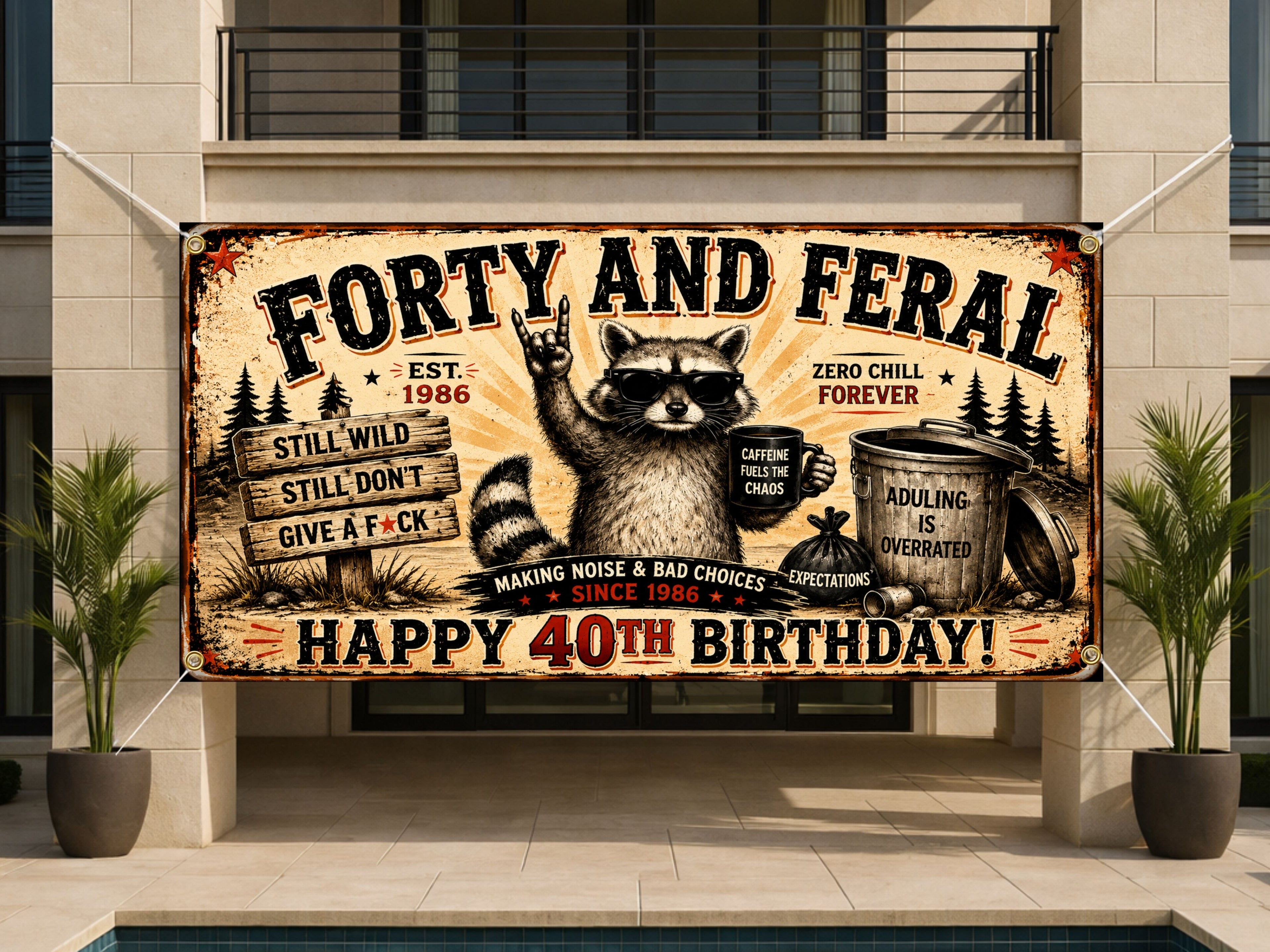 Funny 40th Birthday Banner, Forty And Feral Party Sign, Raccoon Backdrop