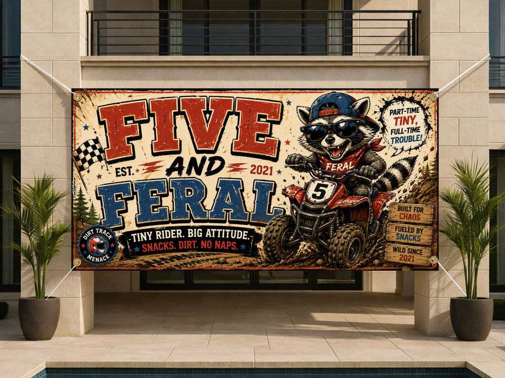 Funny 5th Birthday Banner, ATV Raccoon Party Sign, Personalized Kids Birthday Banner