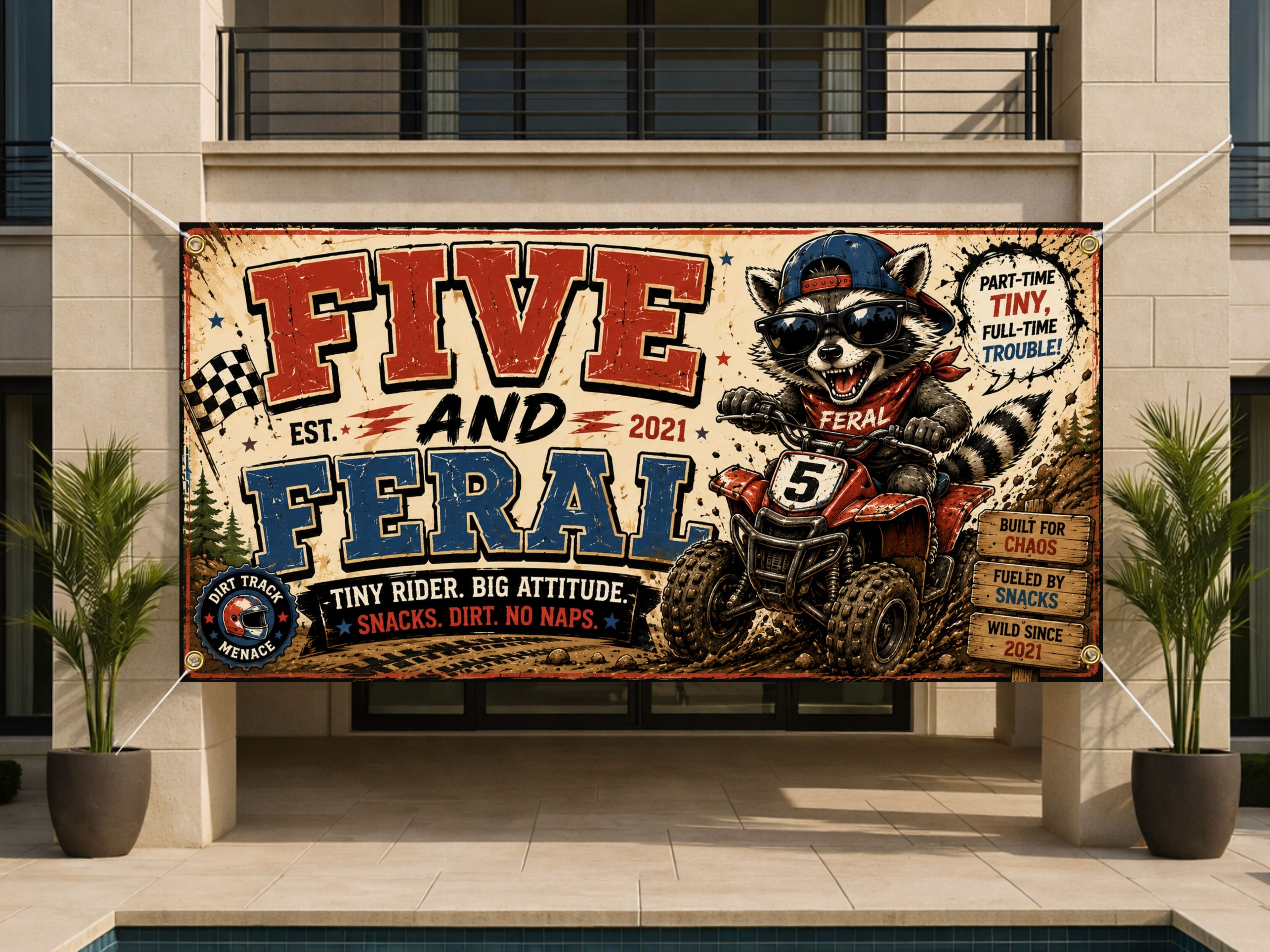 Funny 5th Birthday Banner, ATV Raccoon Party Sign, Personalized Kids Birthday Banner