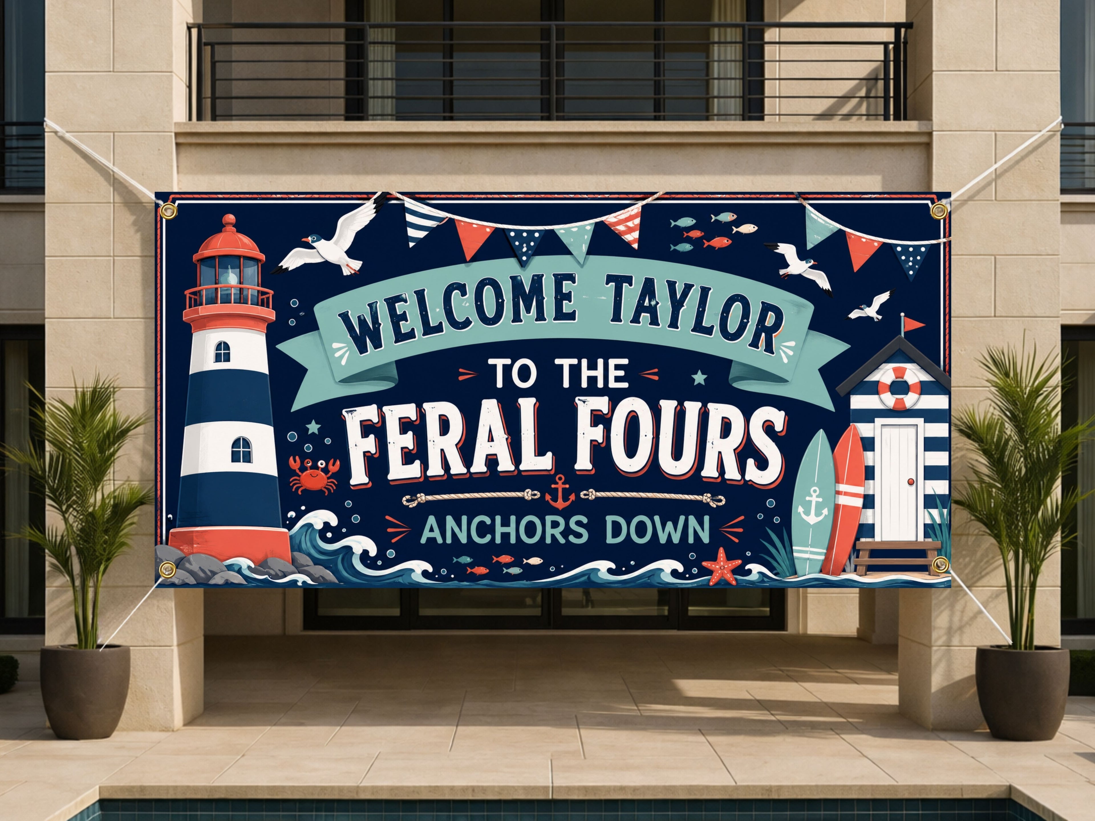 Feral Fours Nautical Birthday Banner, 4 Year Old Beach Birthday Party Decor, Coastal Birthday Sign