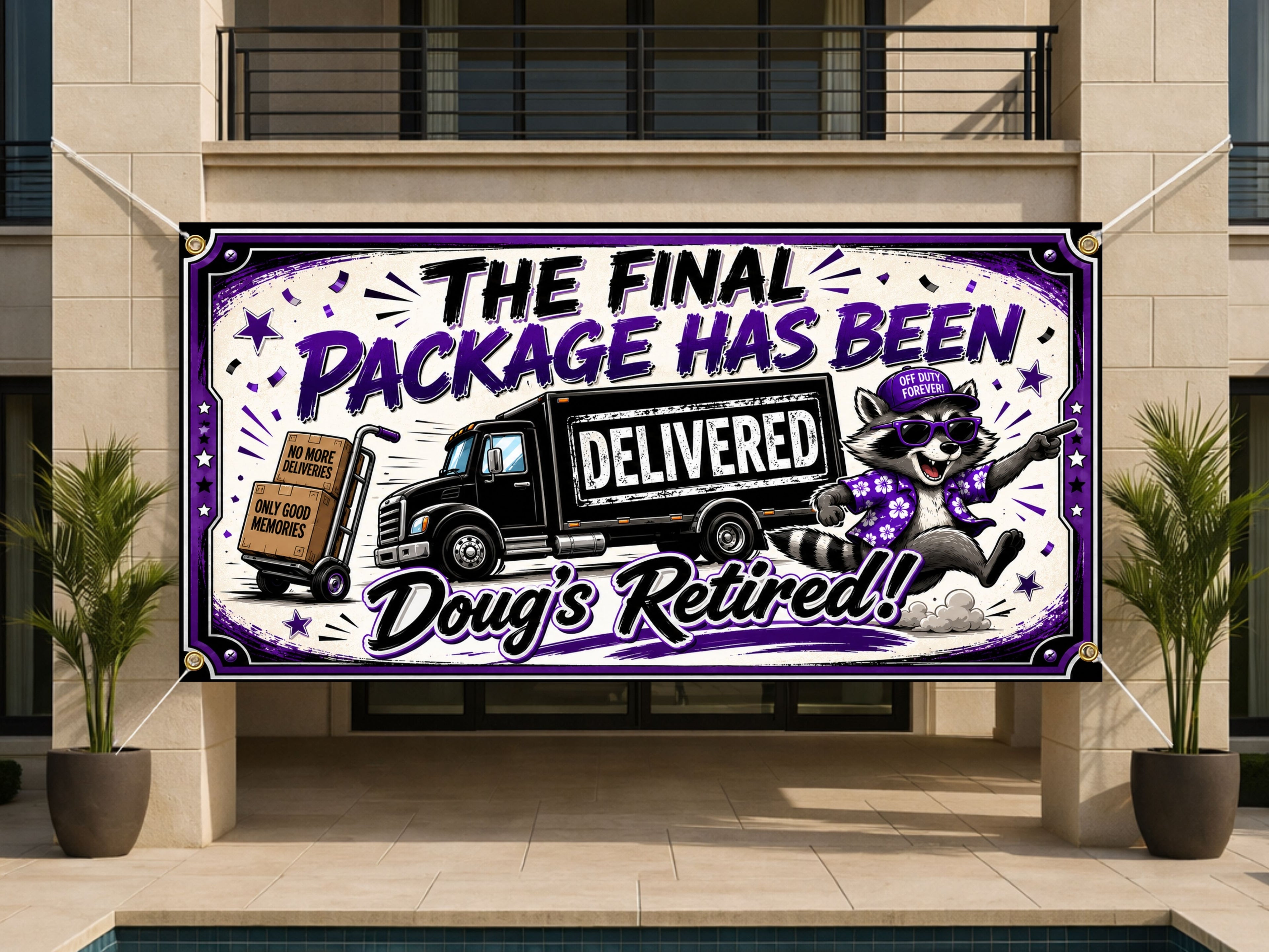 Retirement Banner, Delivery Driver Retirement Backdrop, Funny Raccoon Sign