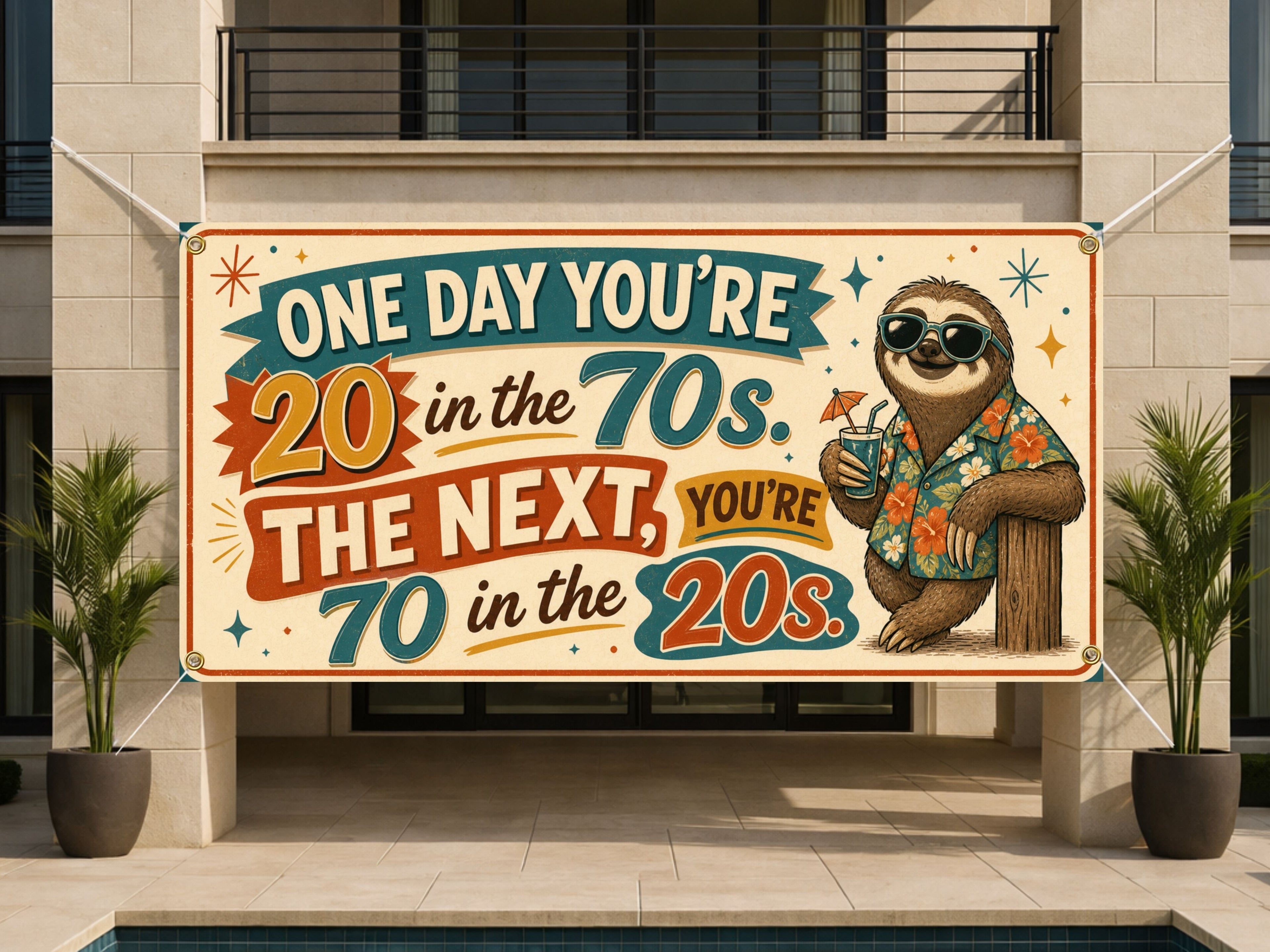 Funny 70th Birthday Banner, Sloth Party Sign, Aging Humor Backdrop