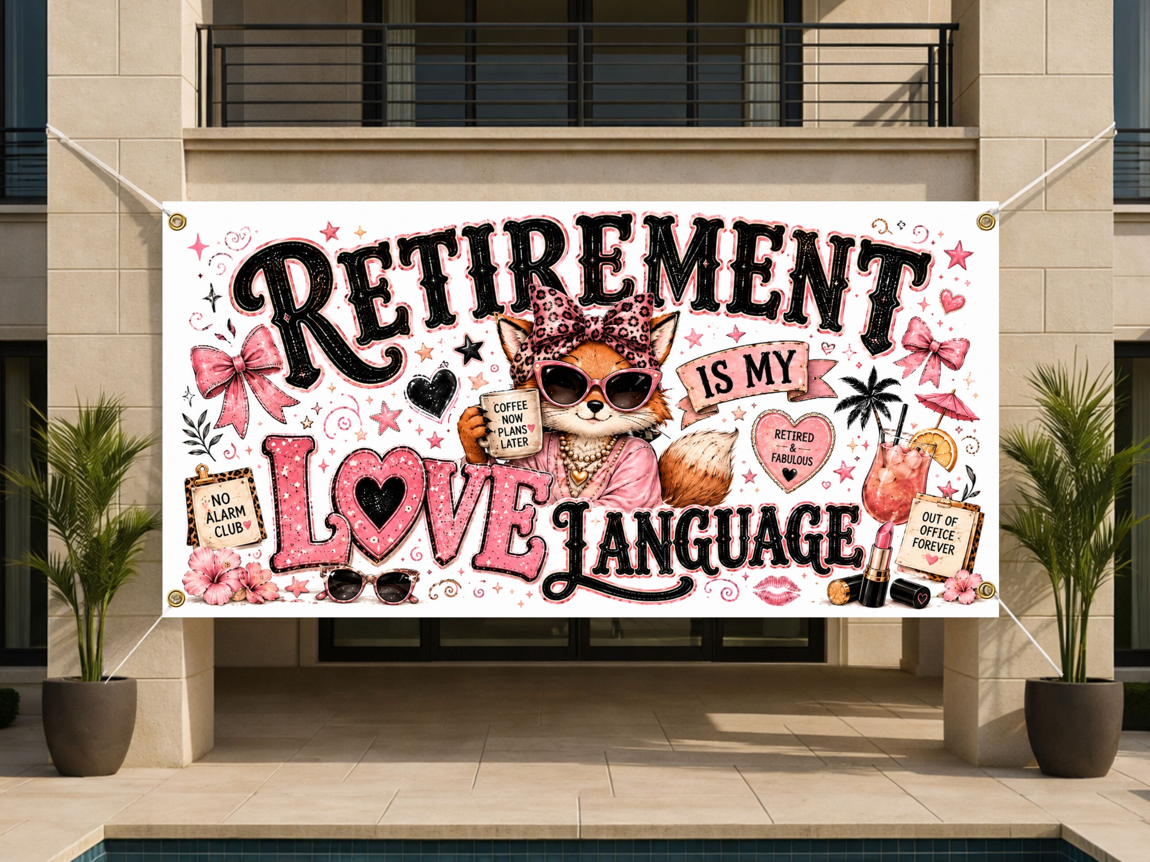Funny Retirement Banner, Love Language Sign, Women Office Backdrop