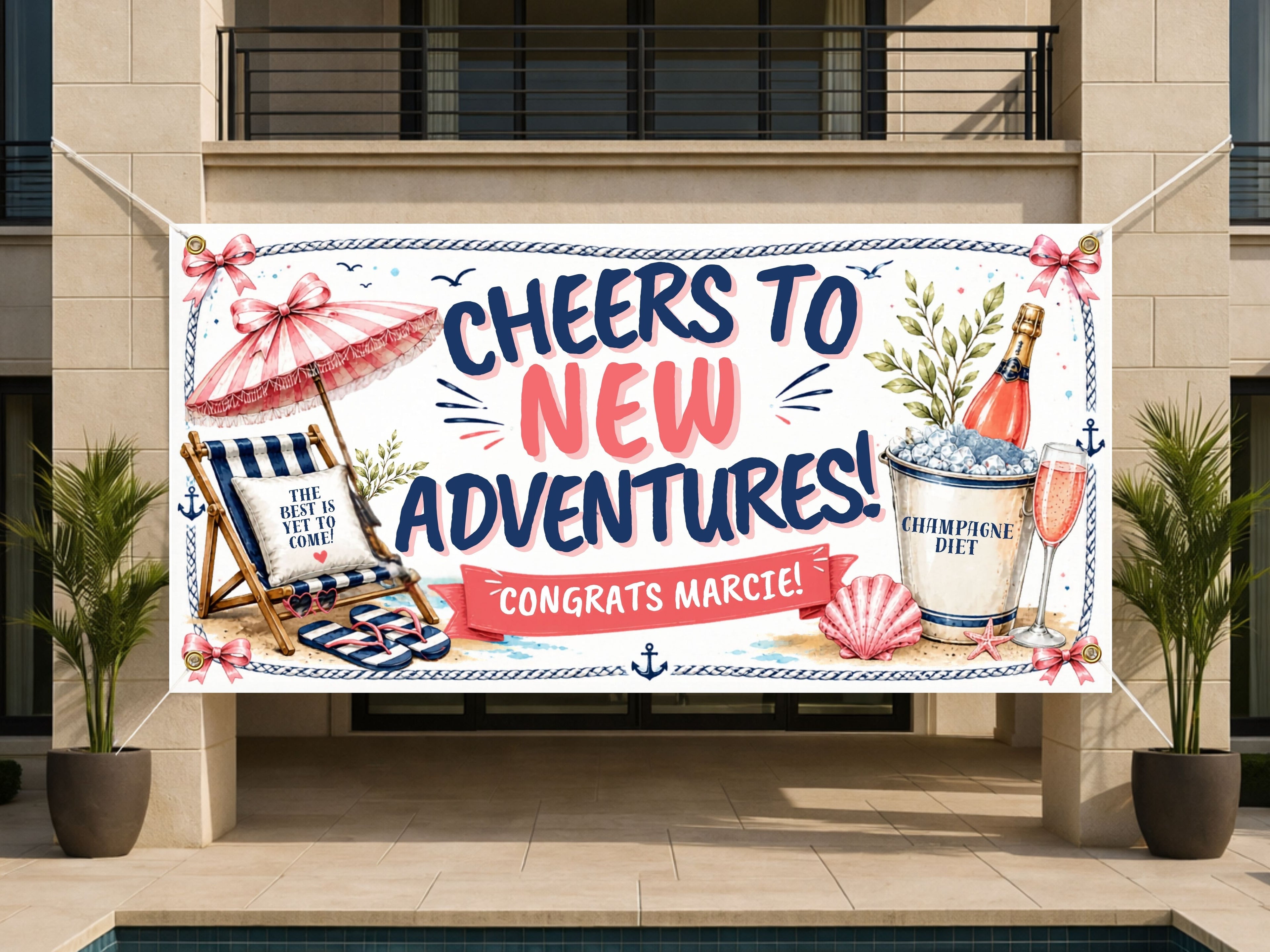 Funny Women's Retirement Banner | Cheers to New Adventures Coastal Champagne