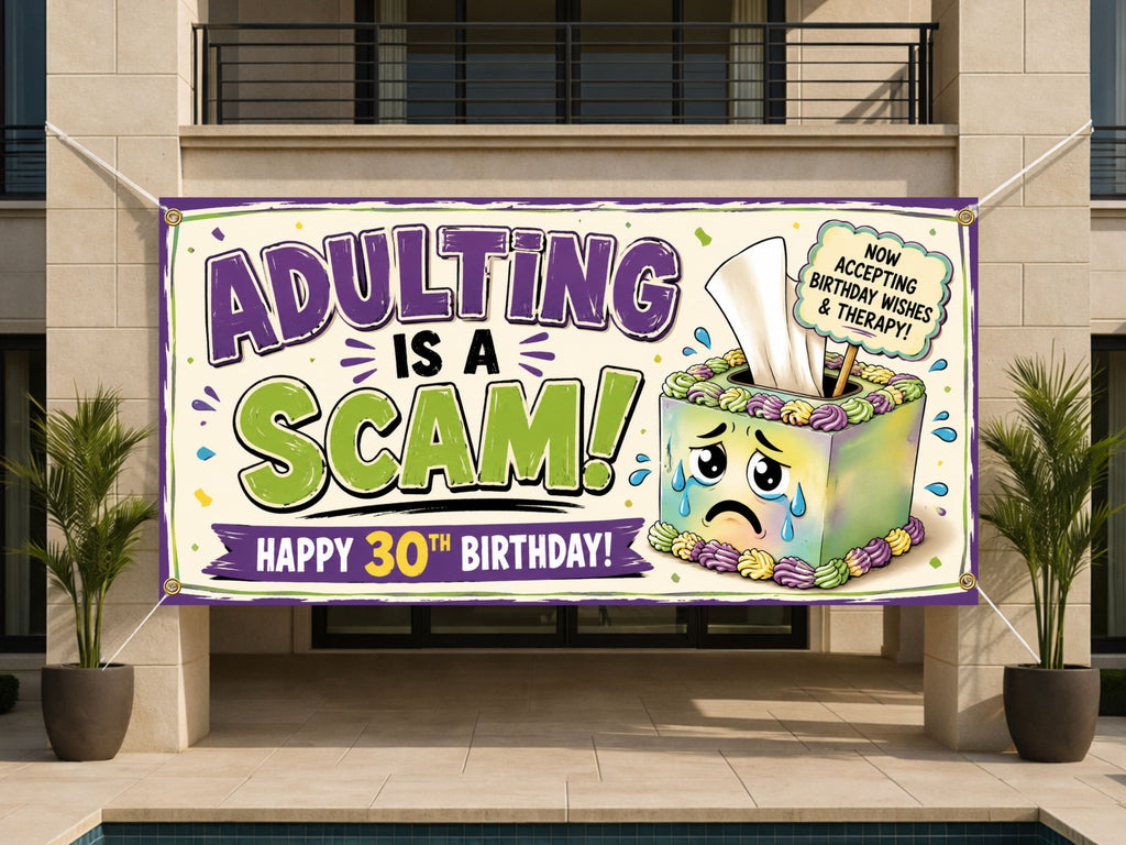 Funny 30th Birthday Banner, Adulting Scam Sign, Party Backdrop