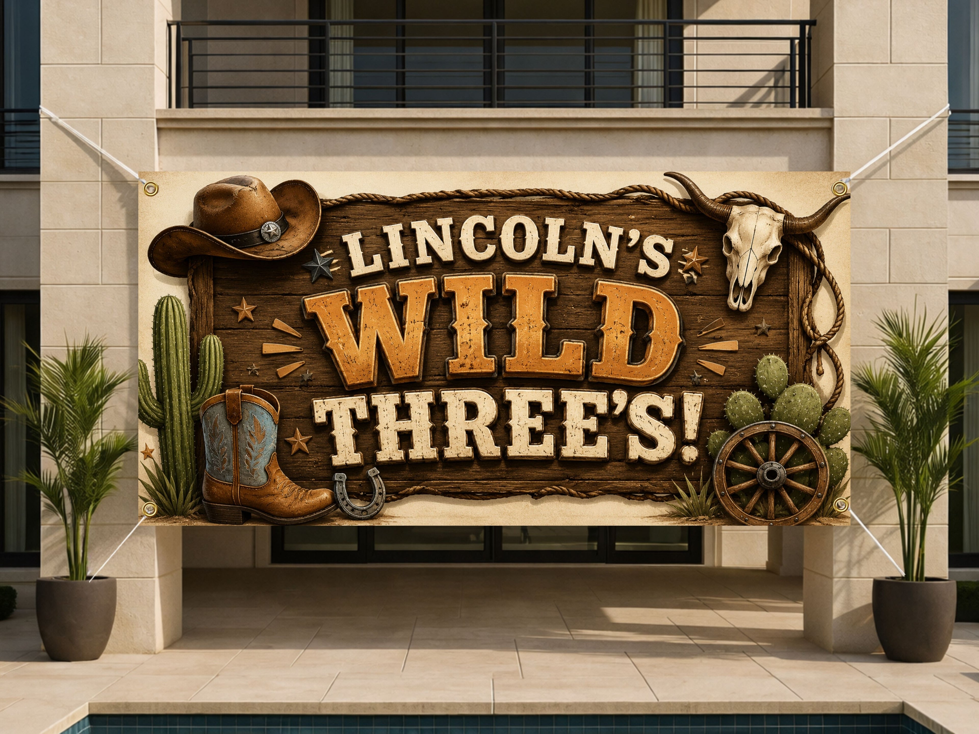 3 Year Old Cowboy Birthday Party Decor, Western Third Birthday Banner for Little Buckaroo Celebration