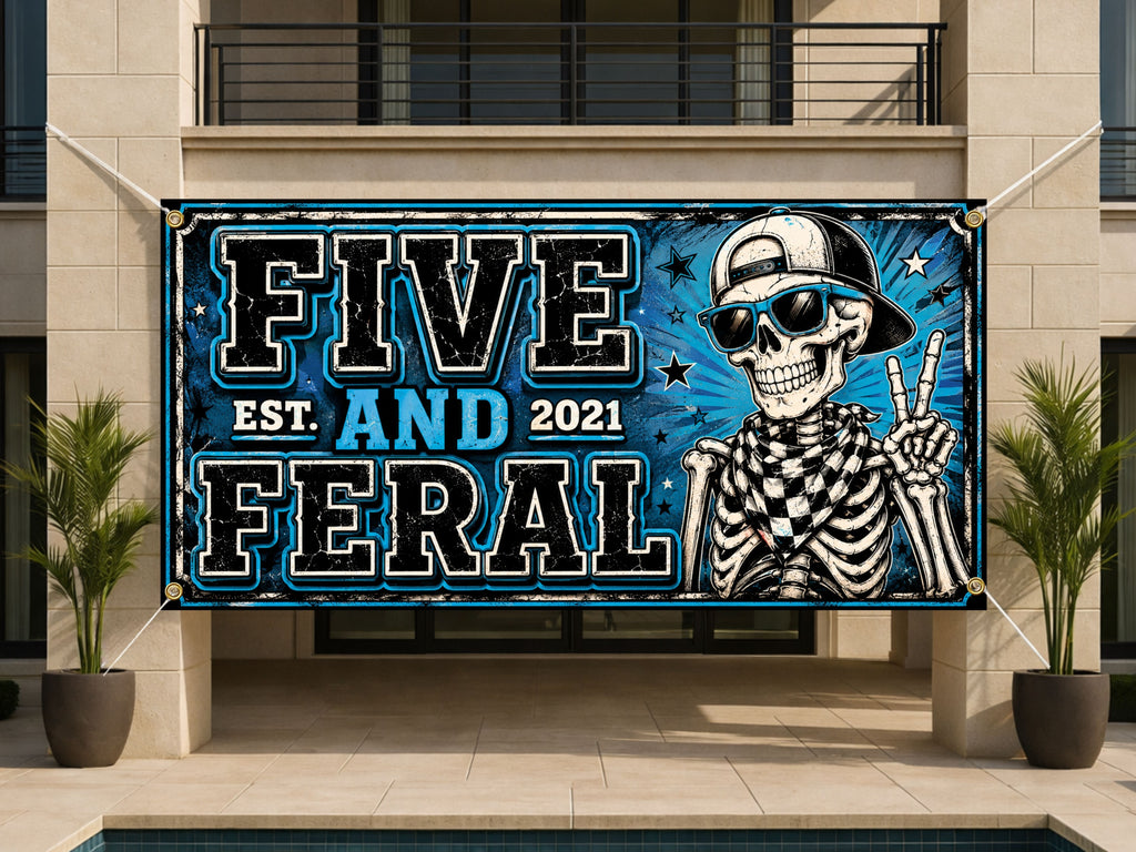 Funny 5th Birthday Banner, Skeleton Party Sign, Boy Backdrop