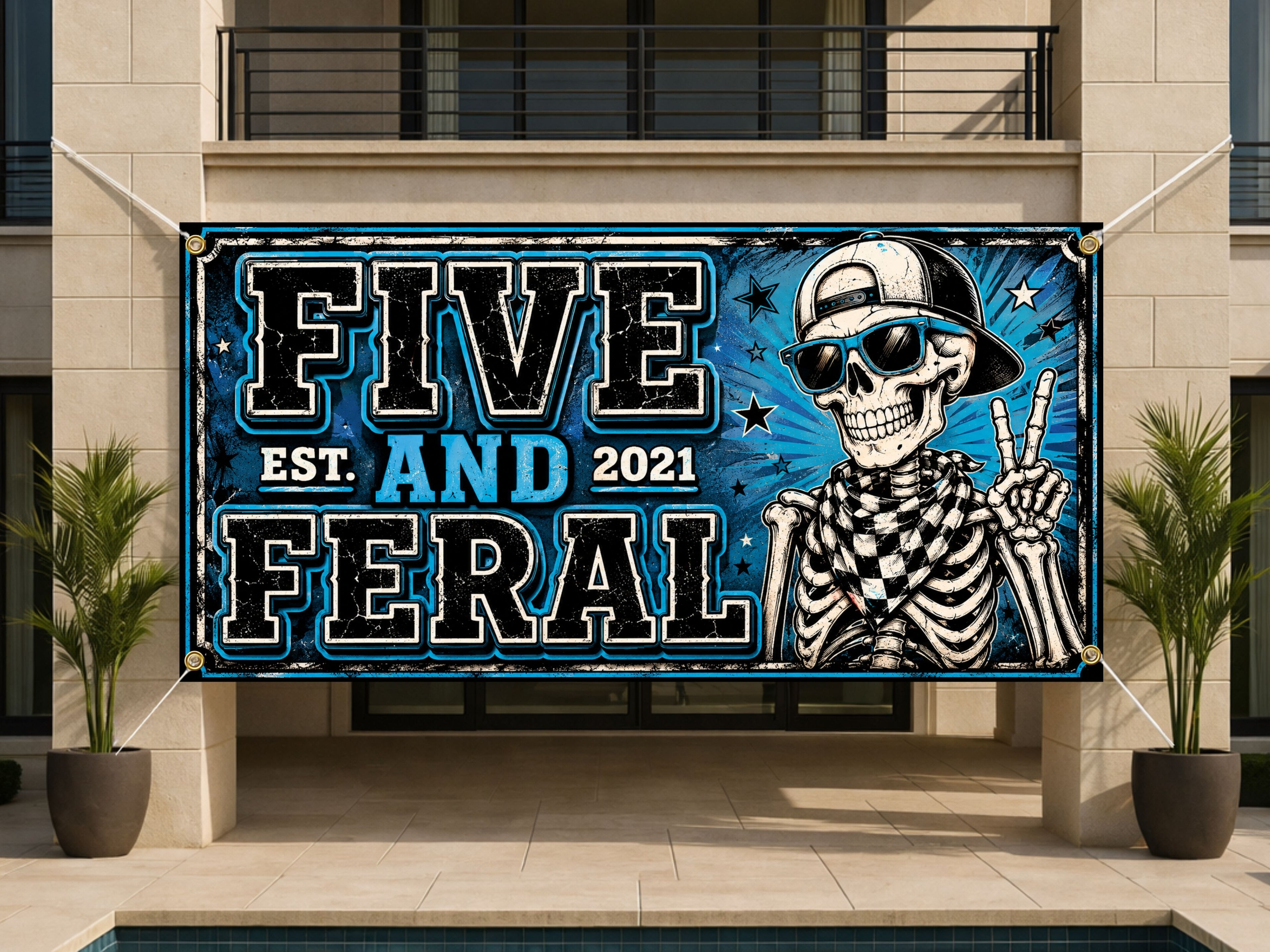 Funny 5th Birthday Banner, Skeleton Party Sign, Boy Backdrop