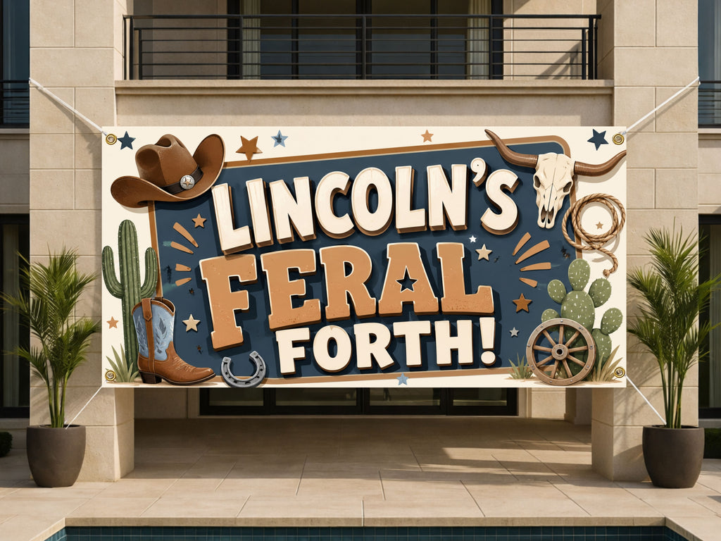 Feral Fourth Birthday Banner, Four and 4 Year Old Cowboy Western Birthday Party Decor