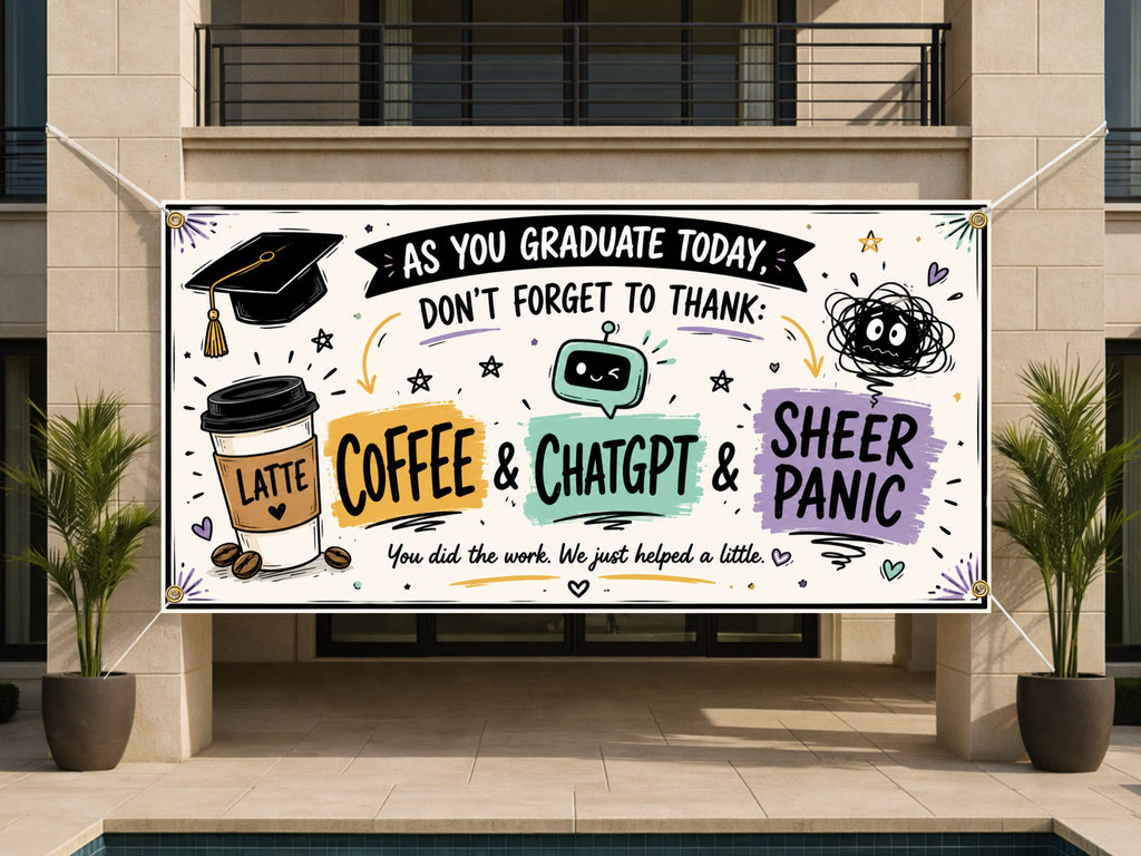 Funny Graduation Banner, Graduate Party Sign, Coffee ChatGPT Backdrop