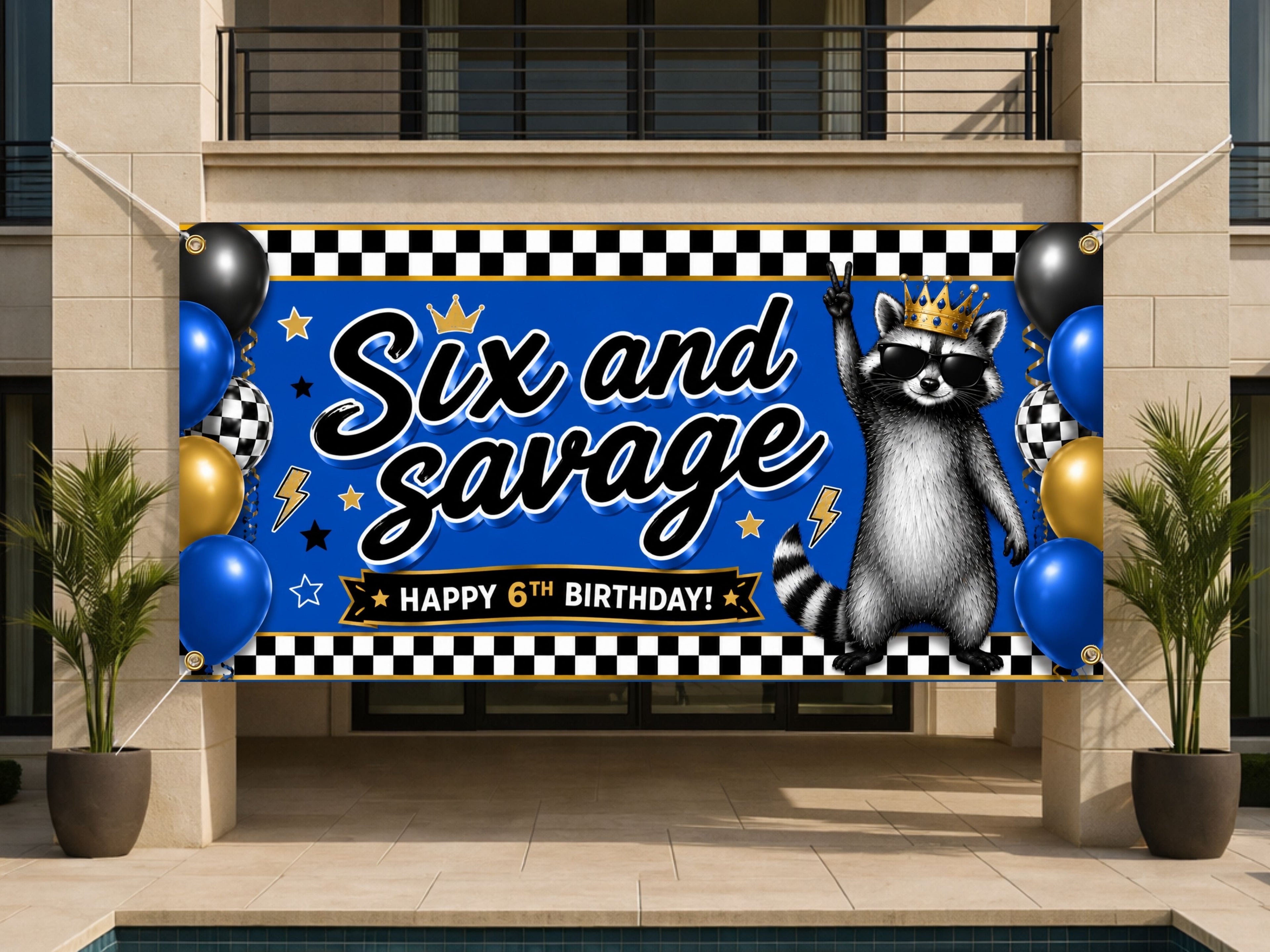 Six and Savage Birthday Banner, 6 Year Old Funny Raccoon Birthday Party Decor