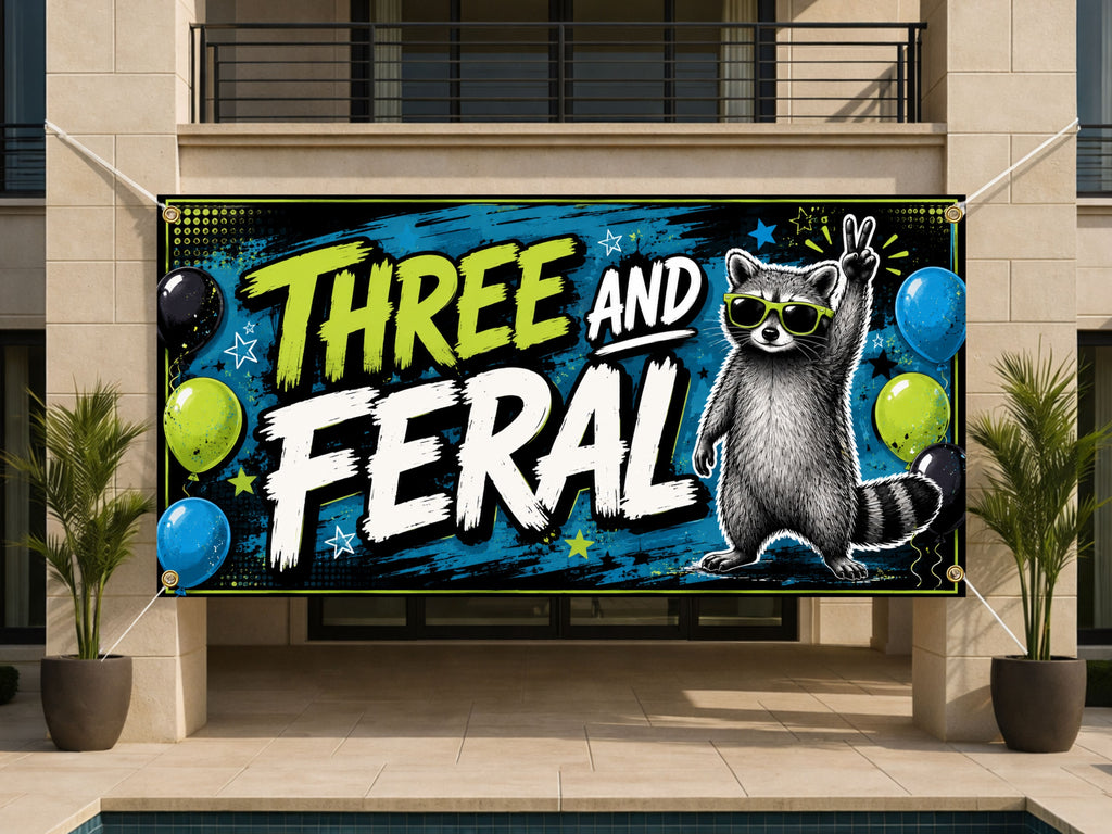 Funny 3rd Birthday Banner, Three and Feral Party Sign, Kids Photo Backdrop
