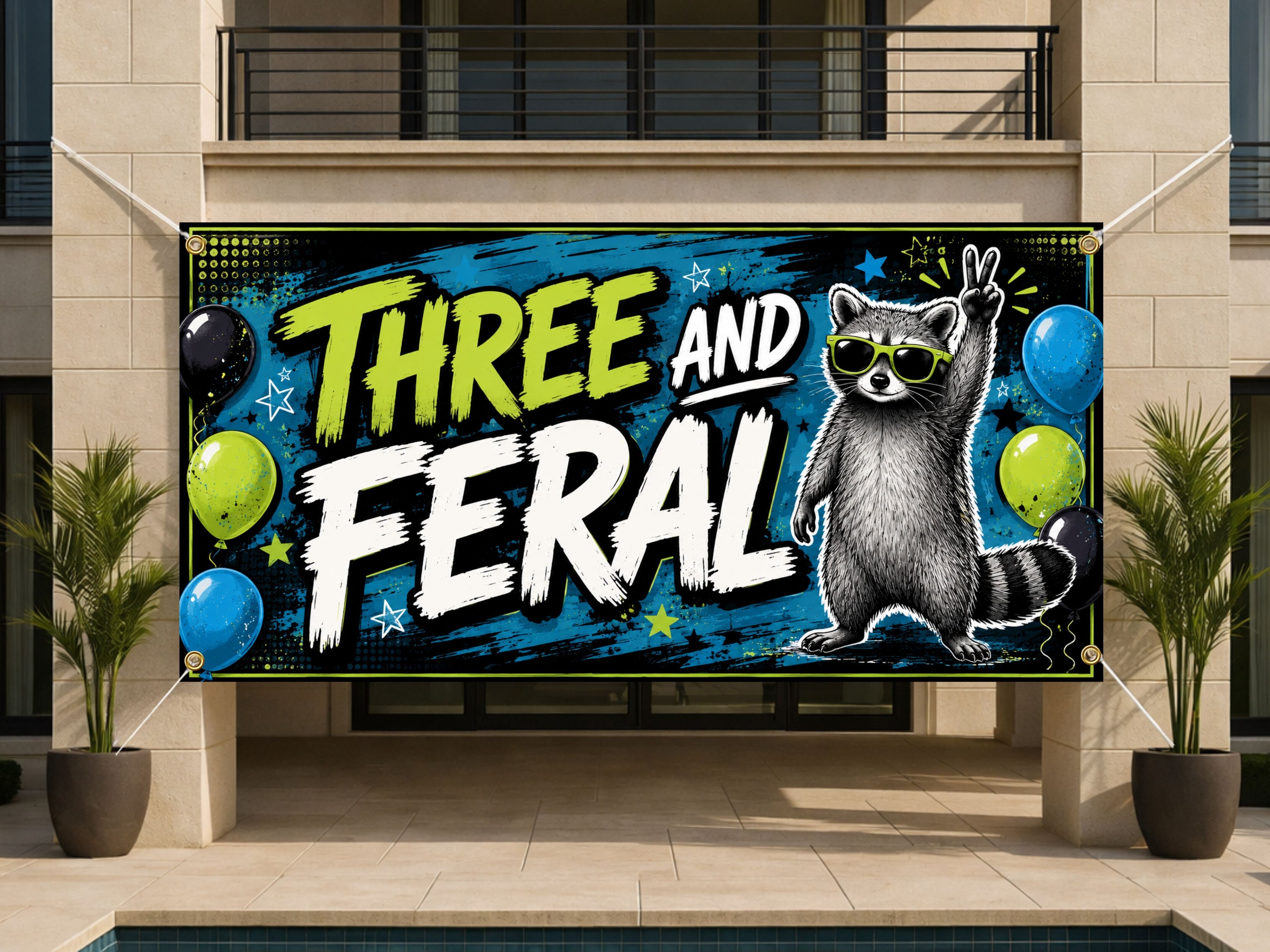 Funny 3rd Birthday Banner, Three and Feral Party Sign, Kids Photo Backdrop
