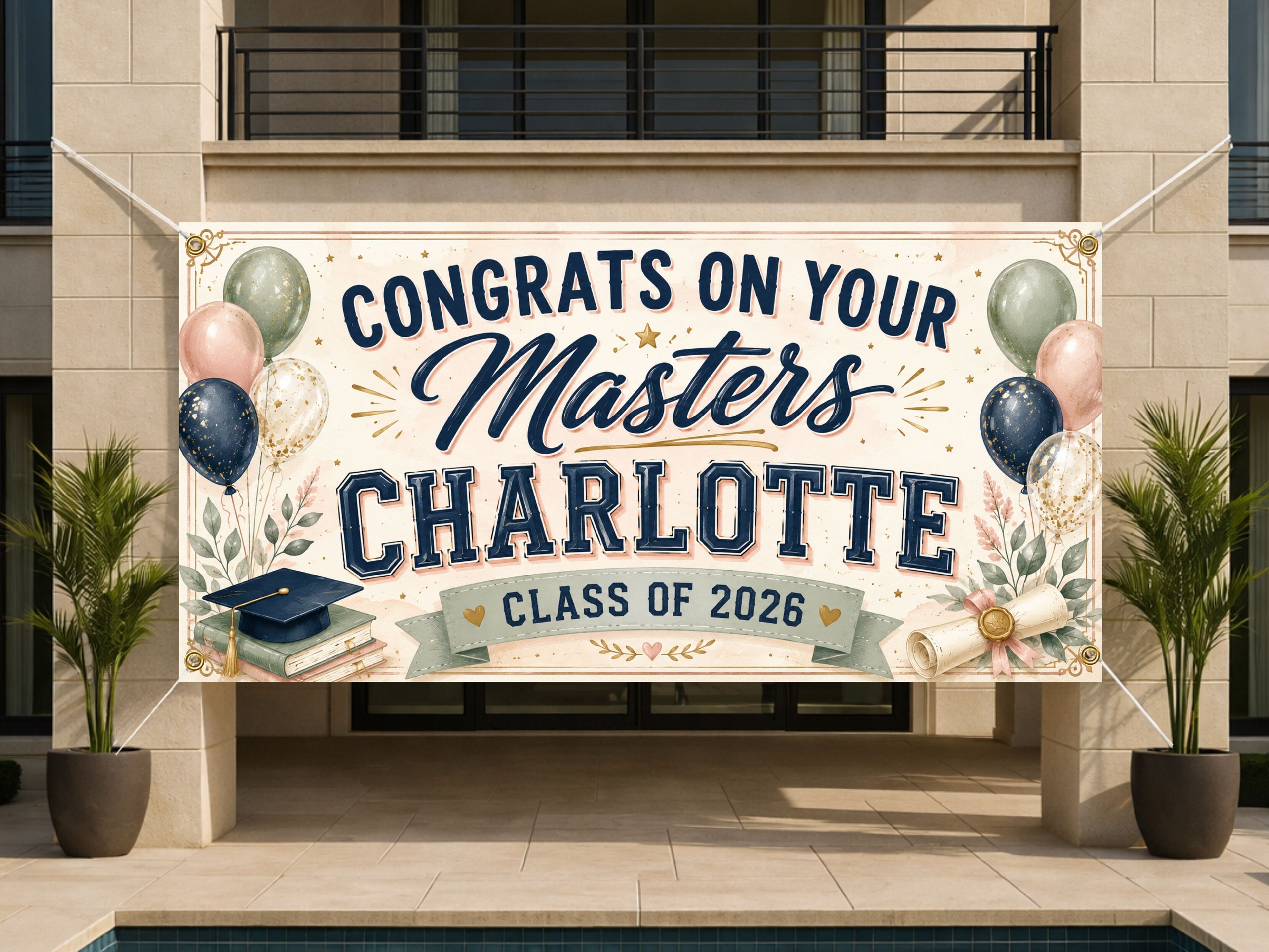 Masters Graduation Banner, Personalized Grad Party Sign, Custom Name Backdrop