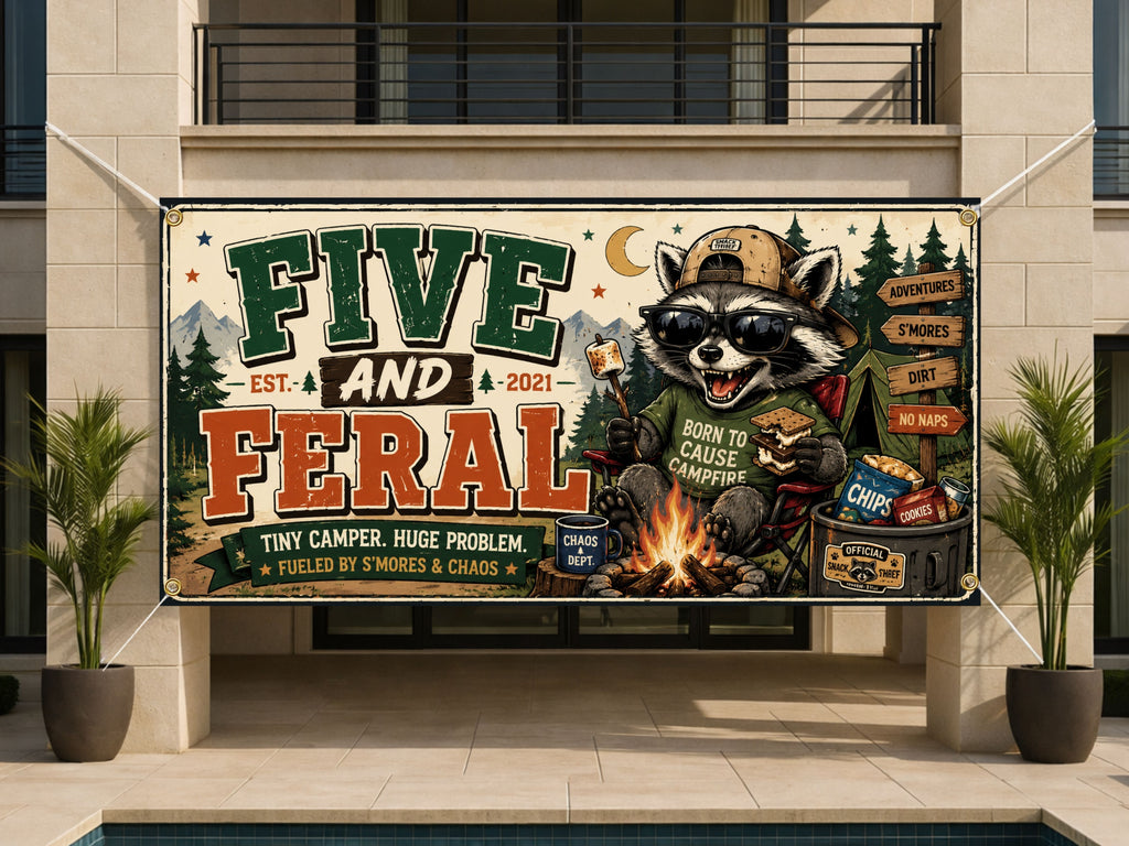 Funny 5th Birthday Banner, Camping Raccoon Party Sign, Personalized Kids Birthday Banner