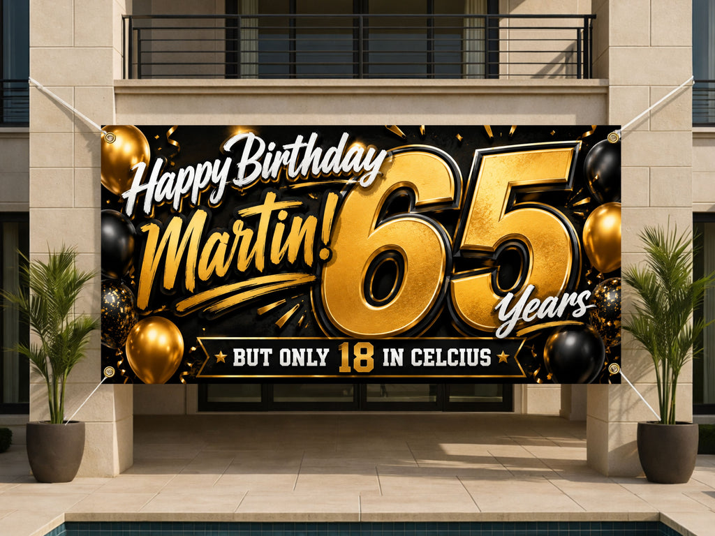 Funny 65th Birthday Banner, Celsius Joke Sign, Men Party Backdrop