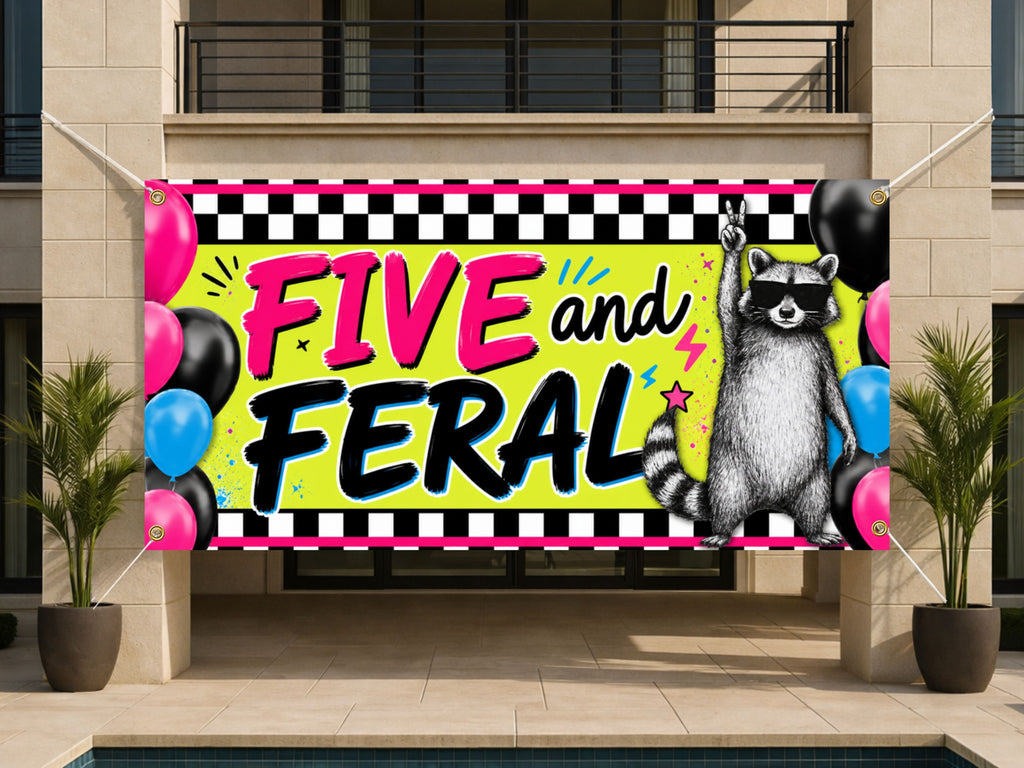 Funny 5th Birthday Banner, Raccoon Party Sign, Kid Backdrop