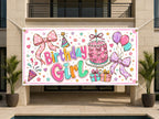 Birthday Girl Banner, Pink Birthday Party Decor, Cute Bow Theme Birthday Sign for Girls