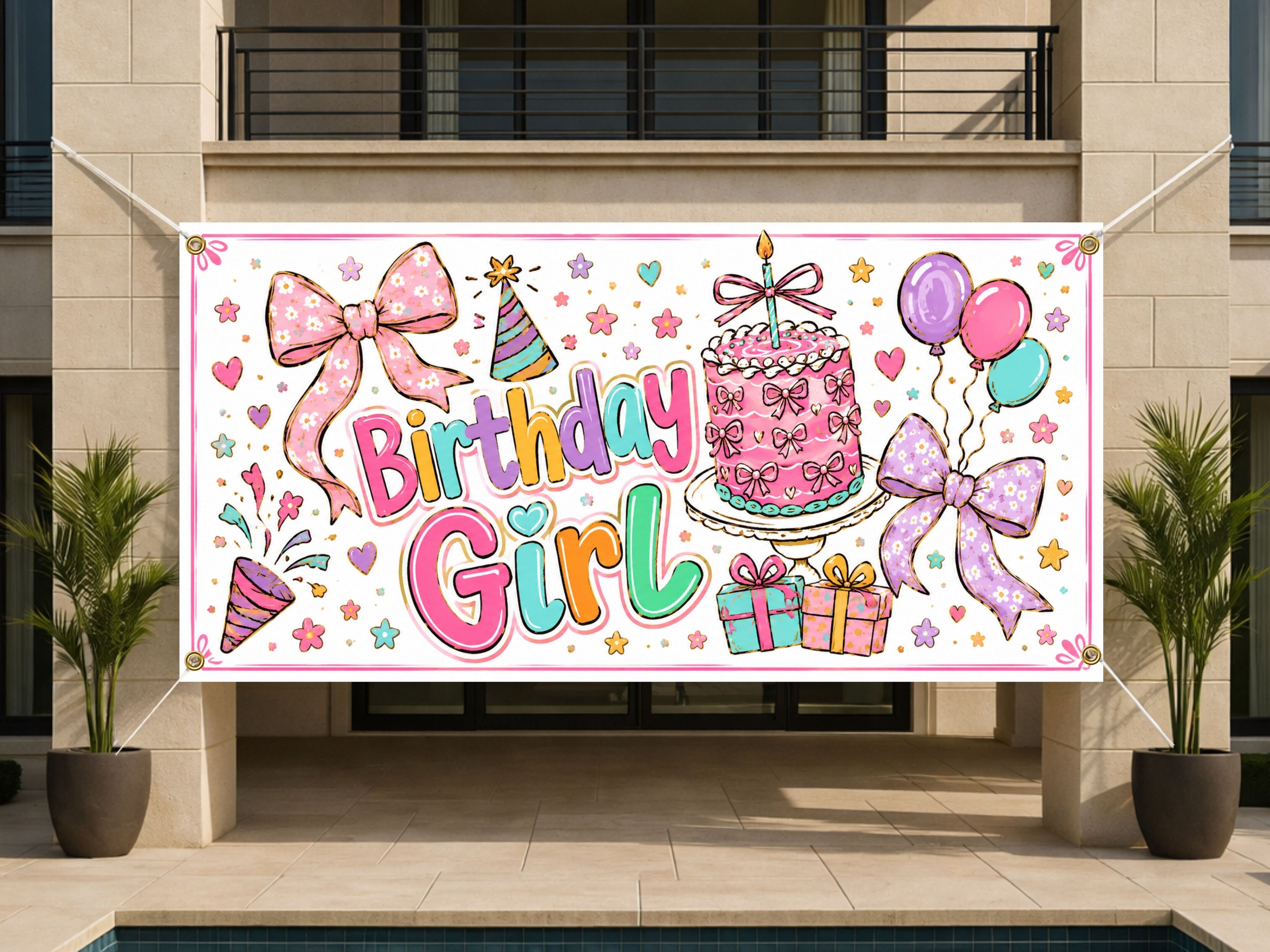 Birthday Girl Banner, Pink Birthday Party Decor, Cute Bow Theme Birthday Sign for Girls