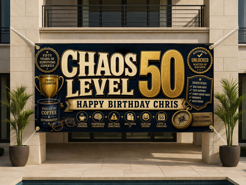 Funny 50th Birthday Banner, Chaos Level Fifty Sign, Personalized Backdrop