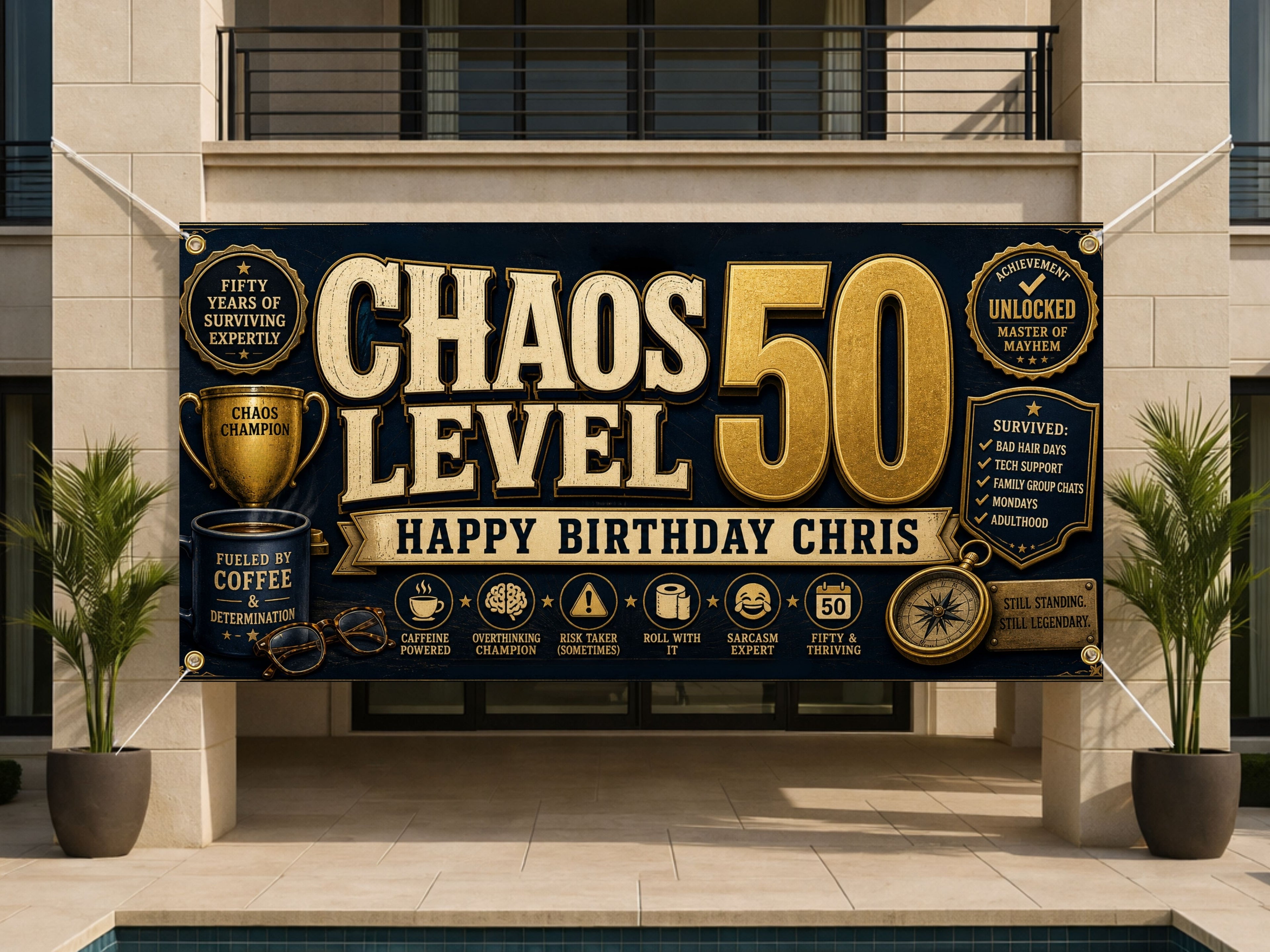 Funny 50th Birthday Banner, Chaos Level Fifty Sign, Personalized Backdrop