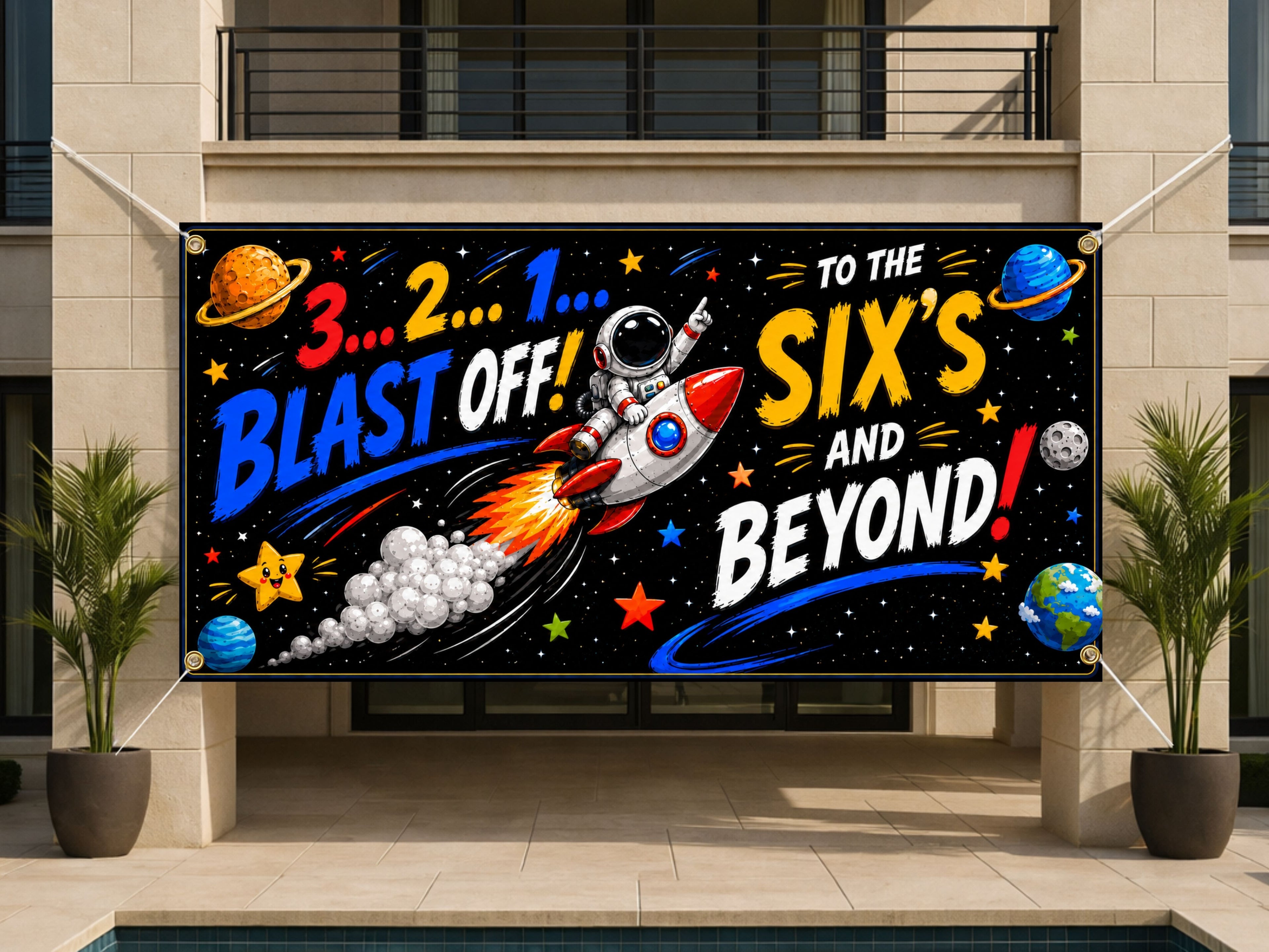 Funny 6th Birthday Banner, Space Party Sign, Kid Backdrop