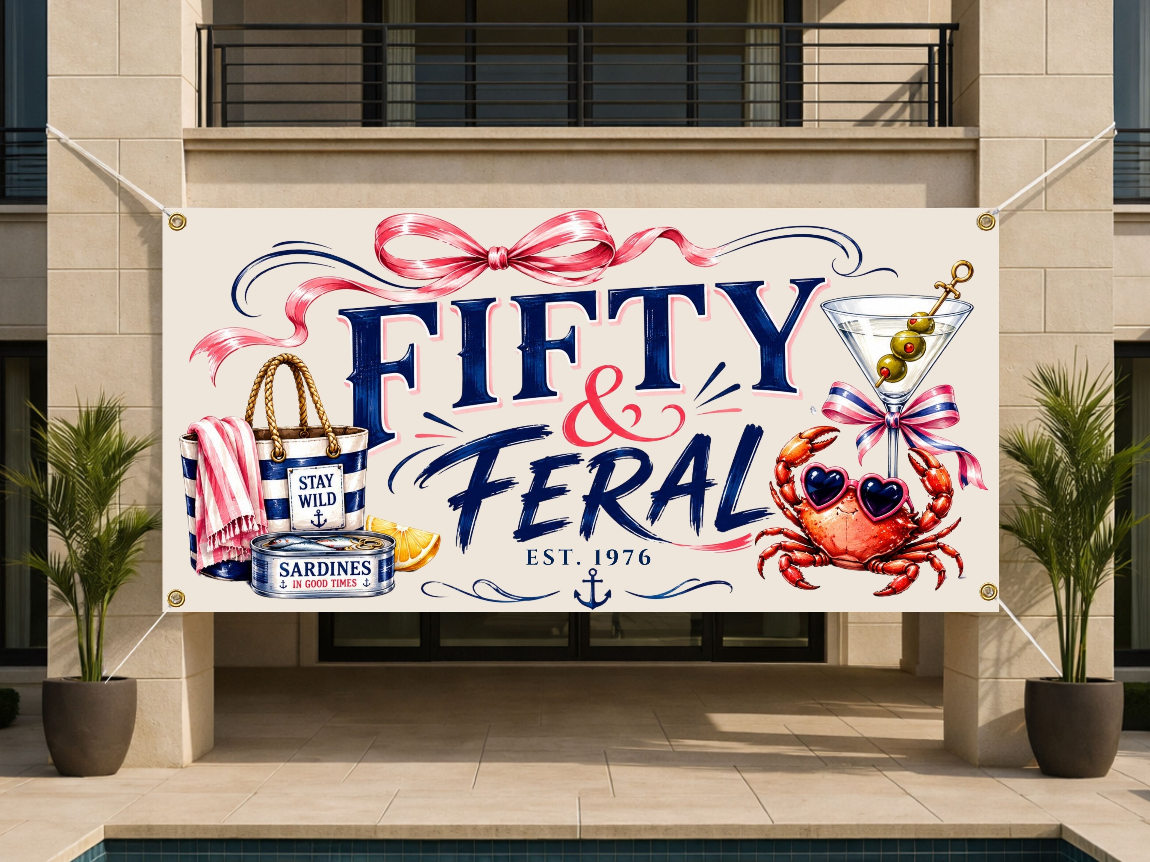 Fifty & Feral 50th Birthday Banner, Coastal  Grandmillennial Birthday Party Decor