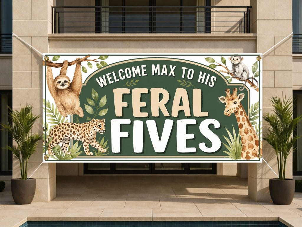 Safari Birthday Banner, 5 Year Old Jungle Birthday Party Decor, Personalized Wildlife Birthday Sign
