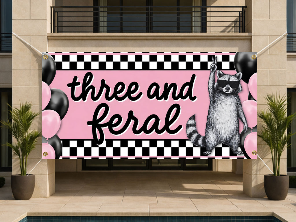 Funny 3rd Birthday Banner, Raccoon Party Sign, Girl Backdrop