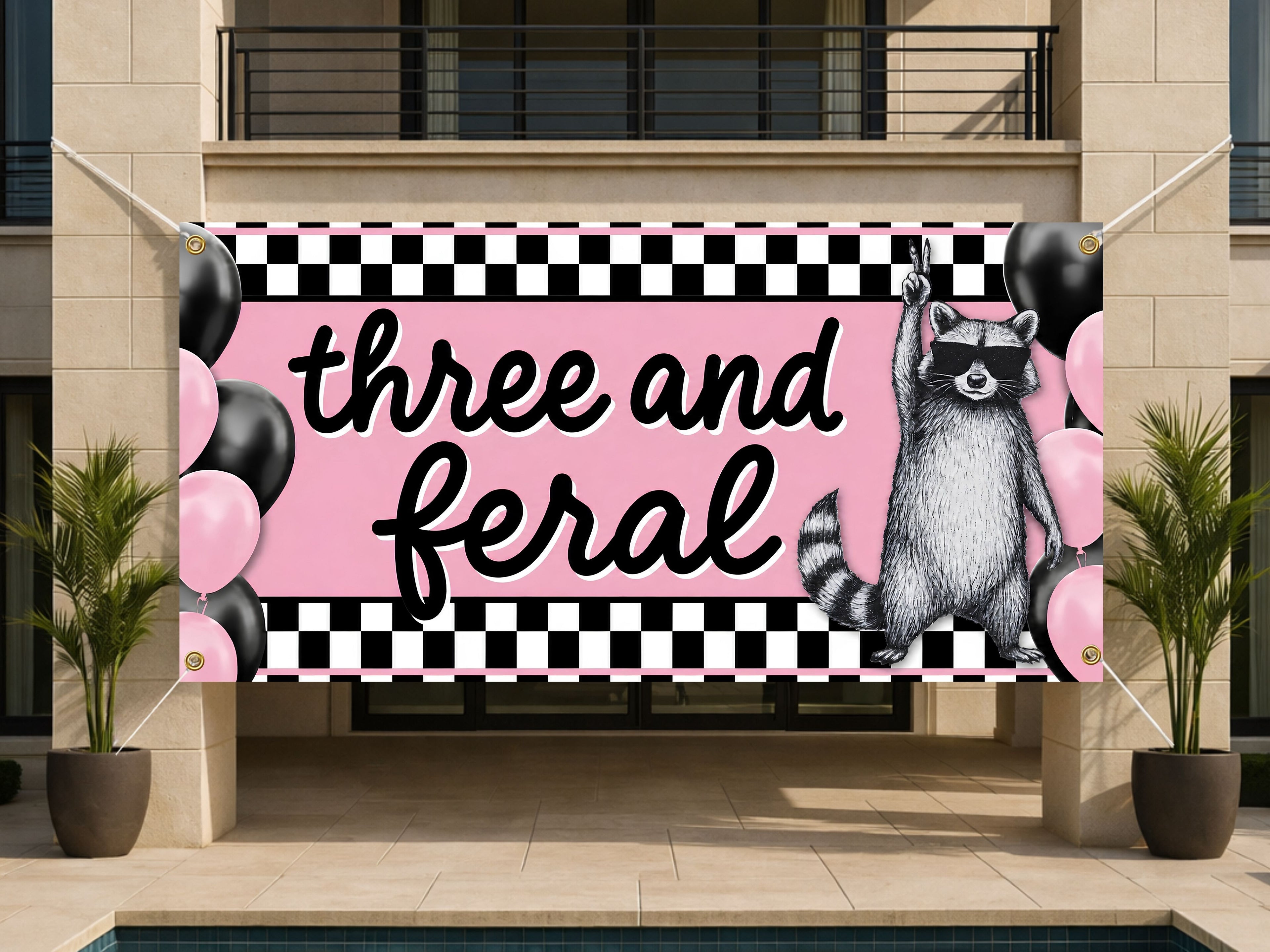 Funny 3rd Birthday Banner, Raccoon Party Sign, Girl Backdrop