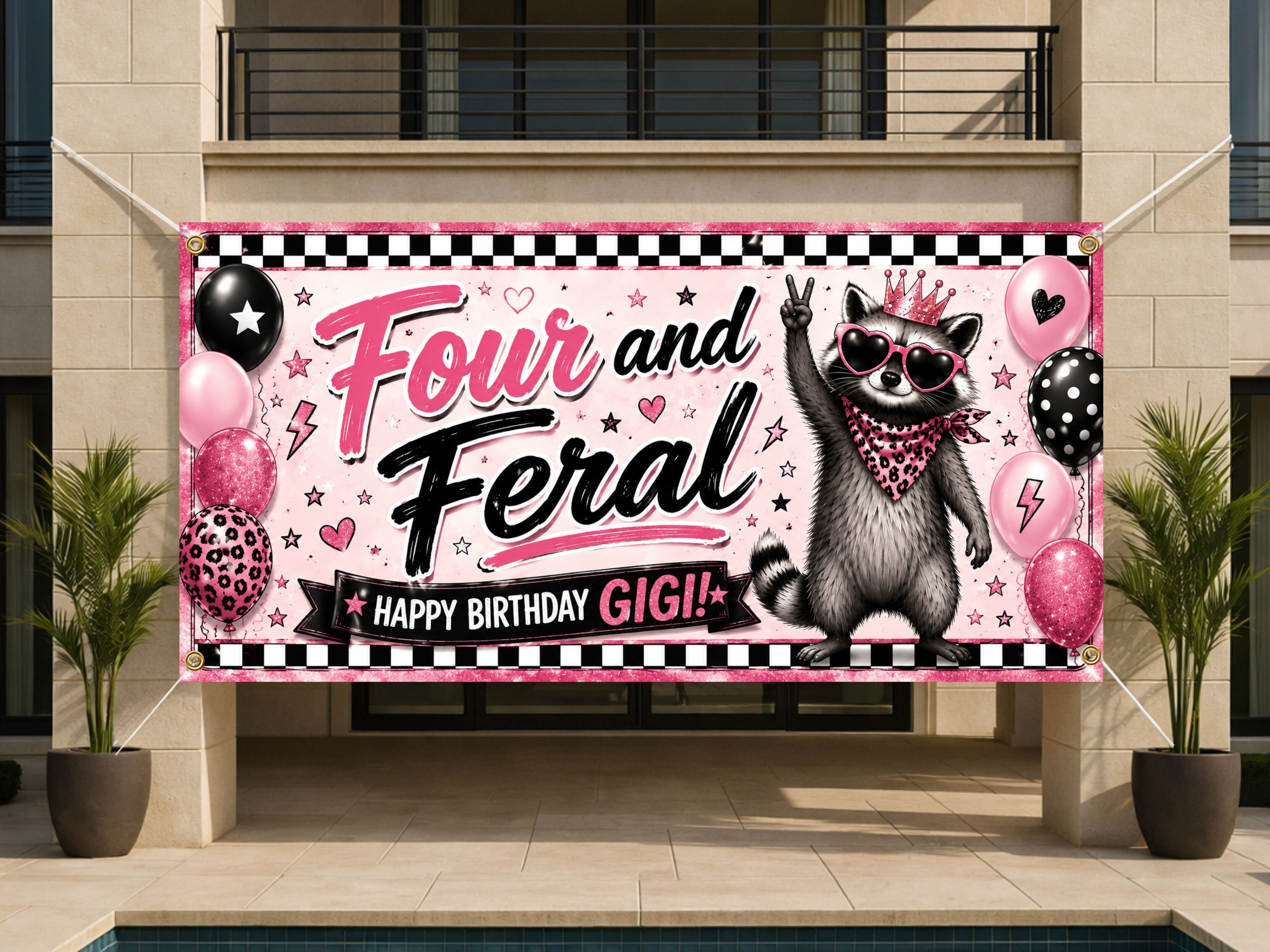 4th Birthday Banner, Four and Feral Party Backdrop, Funny Raccoon Sign