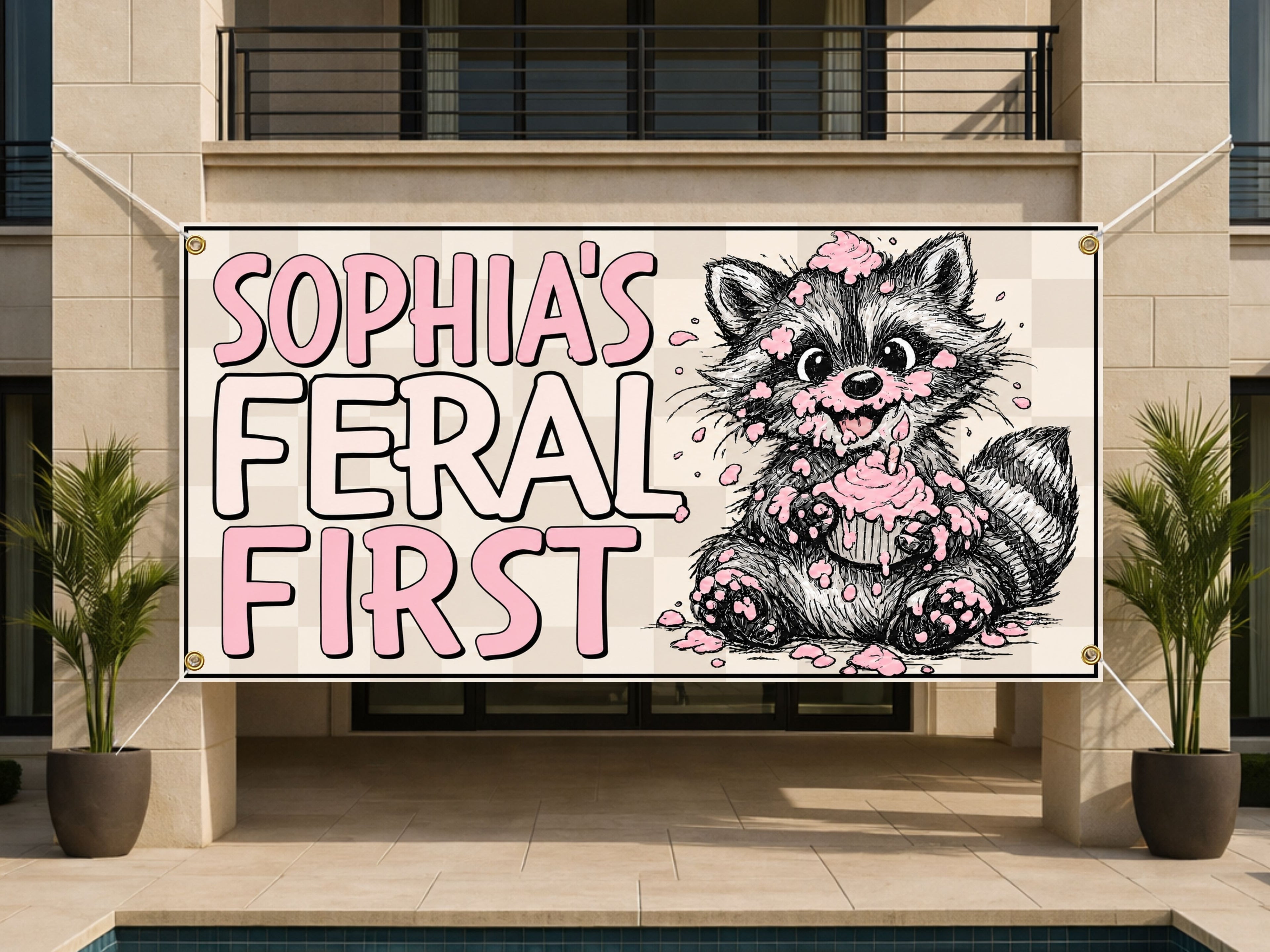 1st Birthday Banner, Feral Raccoon Party Sign, Girl Backdrop