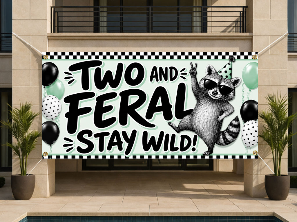 Funny 2nd Birthday Banner, Two and Feral Raccoon Sign, Party Backdrop