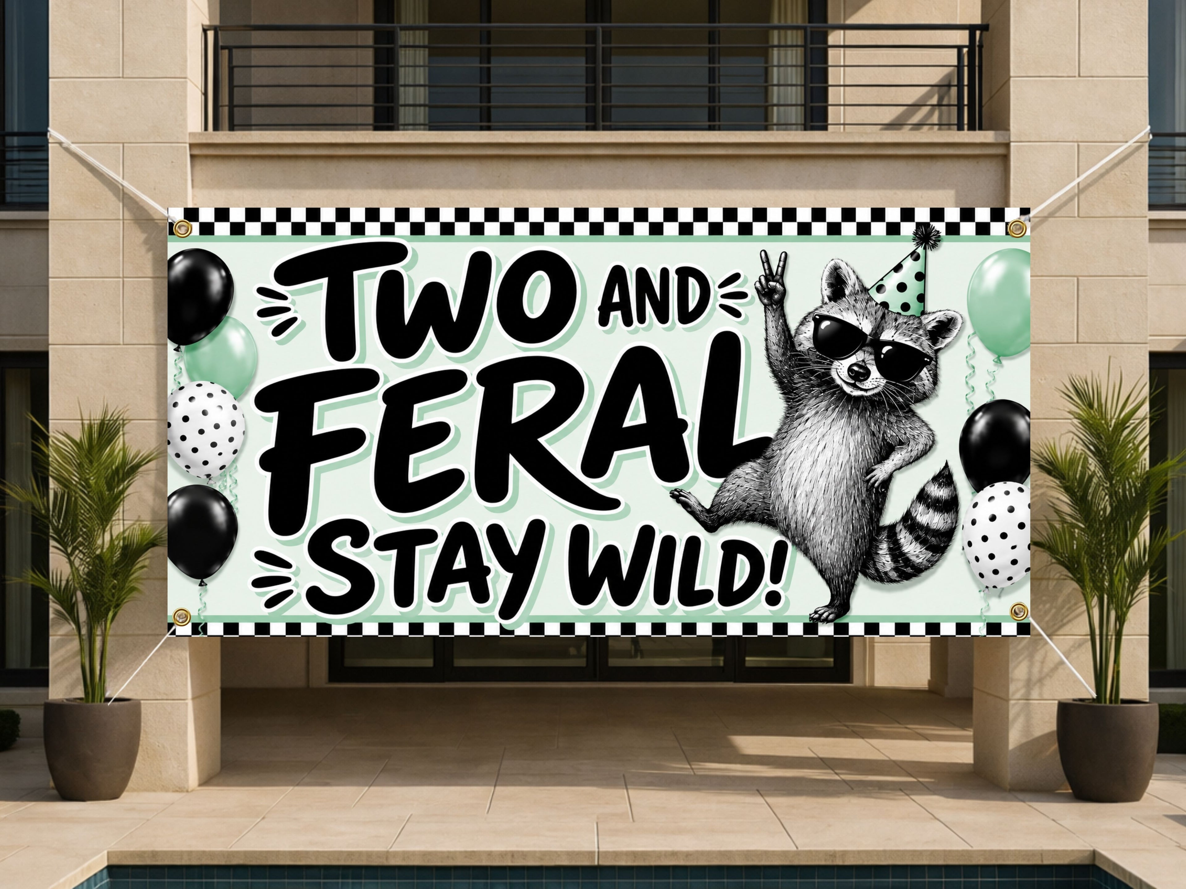 Funny 2nd Birthday Banner, Two and Feral Raccoon Sign, Party Backdrop