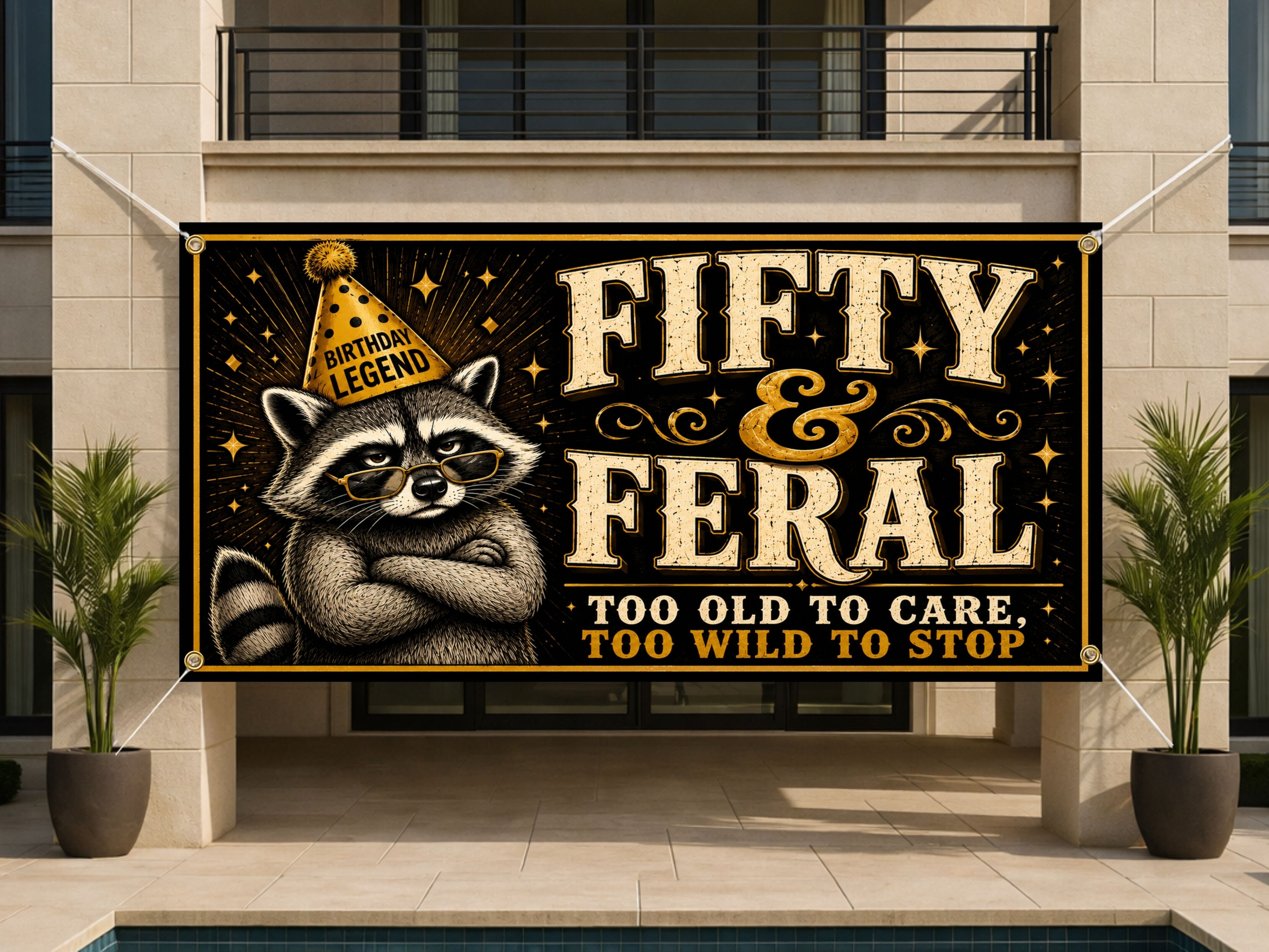 50th Birthday Banner, Fifty and Feral Party Backdrop, Funny Raccoon Sign