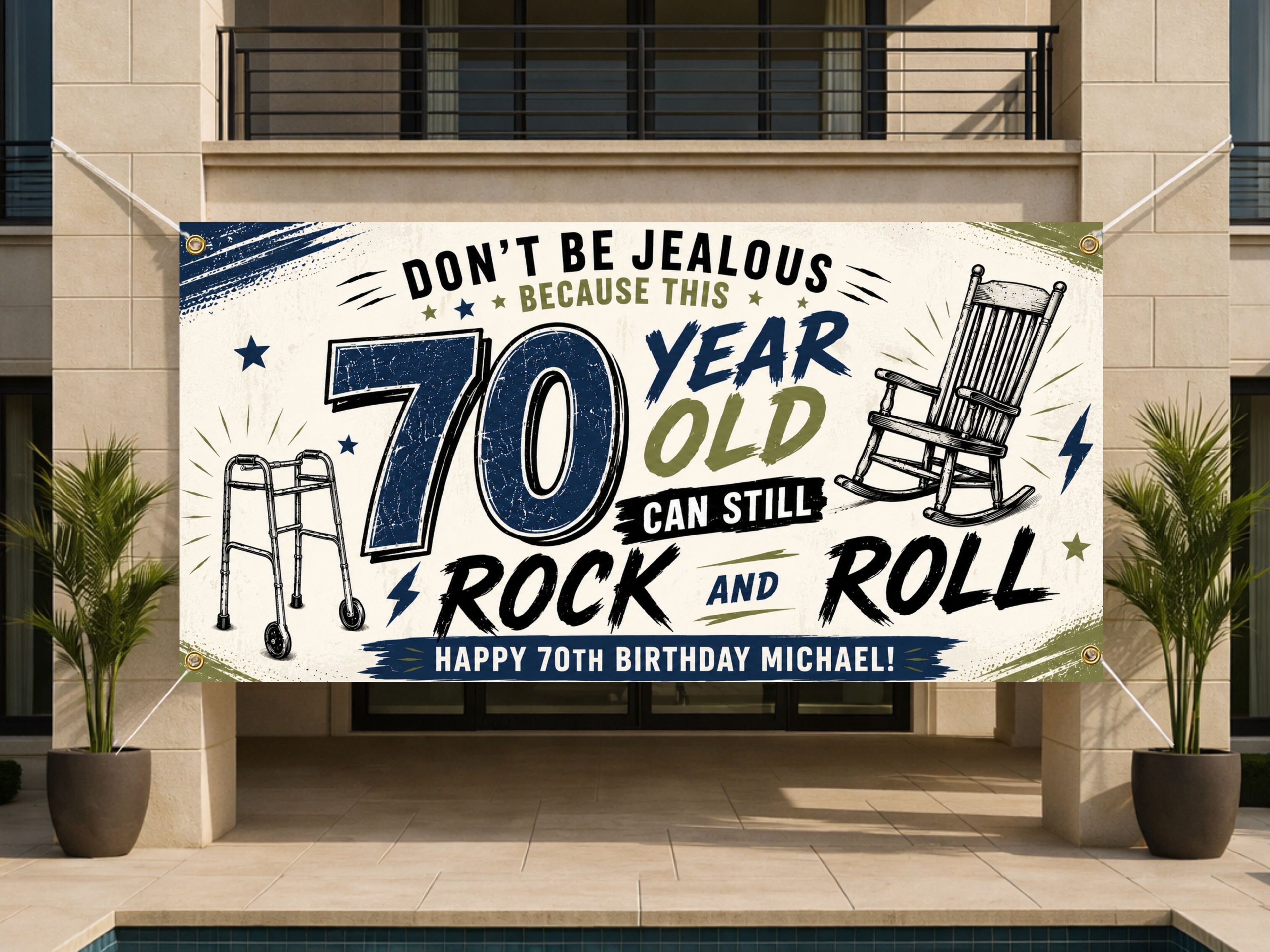 Funny 70th Birthday Banner, Rock and Roll Party Sign, Personalized Backdrop