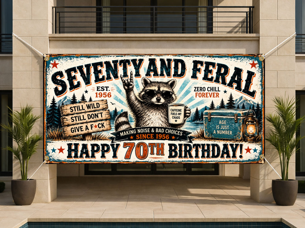 Raccoon 70th Birthday Banner