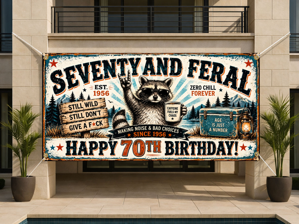 Raccoon 70th Birthday Banner