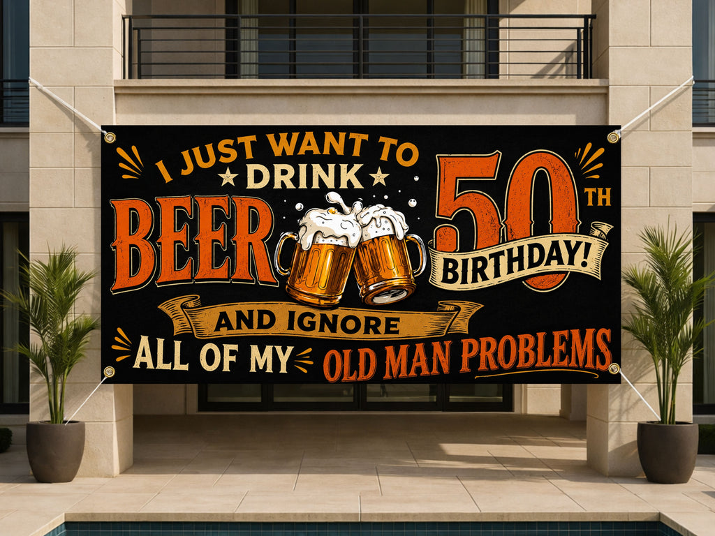 50th Birthday Banner, Beer Party Sign, Men Photo Backdrop