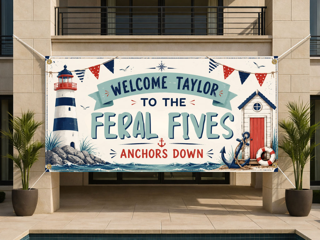 Nautical Birthday Banner, Five and 5 Year Old Beach Birthday Party Decor, Personalized Coastal Birthday Sign