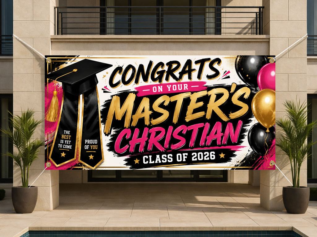 Masters Graduation Banner, Personalized Grad Party Sign, Custom Name Backdrop