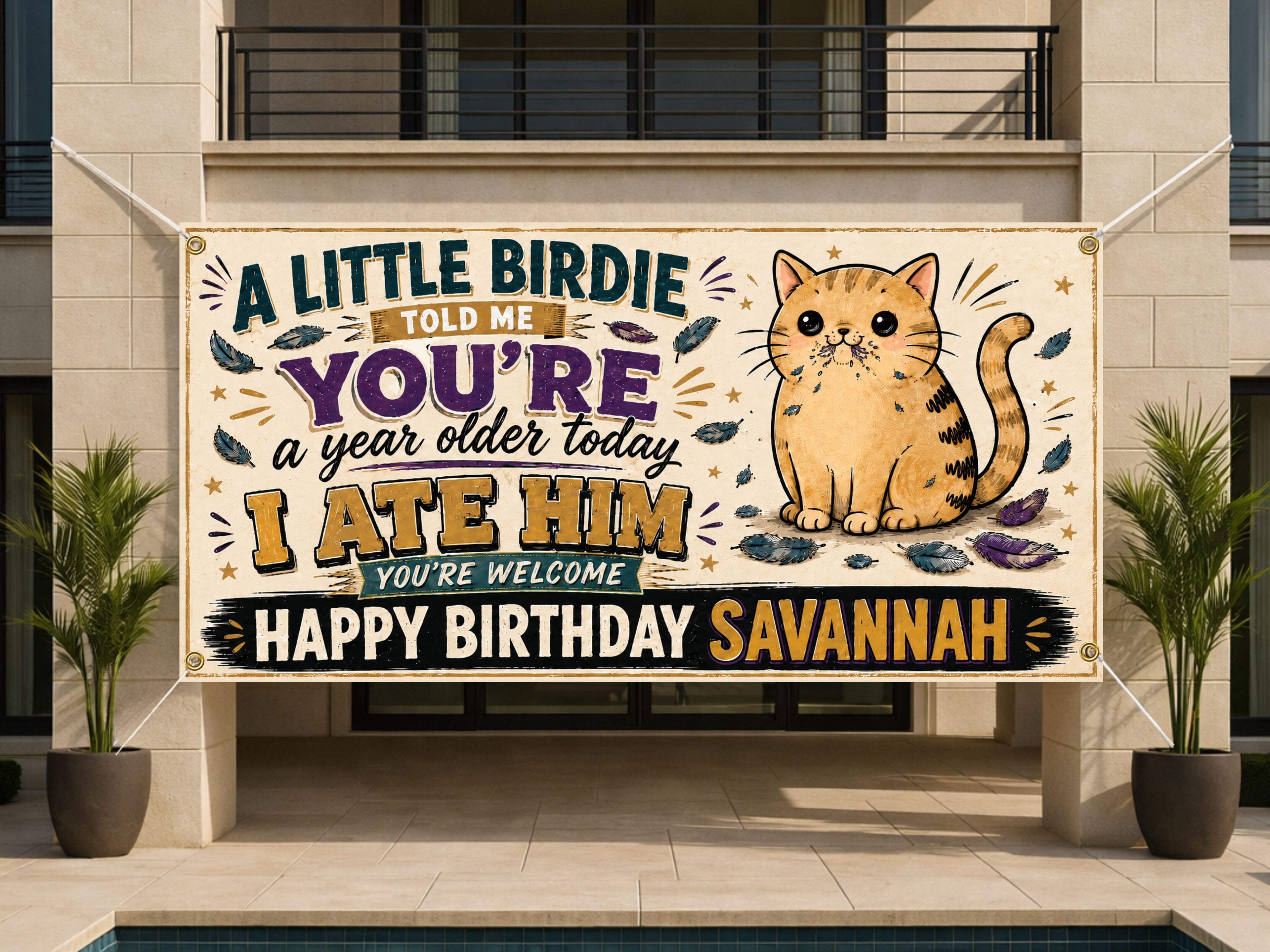 Funny Cat Birthday Banner, Birdie Joke Party Sign, Photo Backdrop