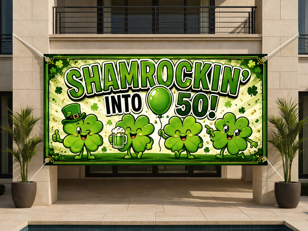 Funny 50th Birthday Banner, Shamrockin Into 50 Party Sign, Irish Photo Backdrop