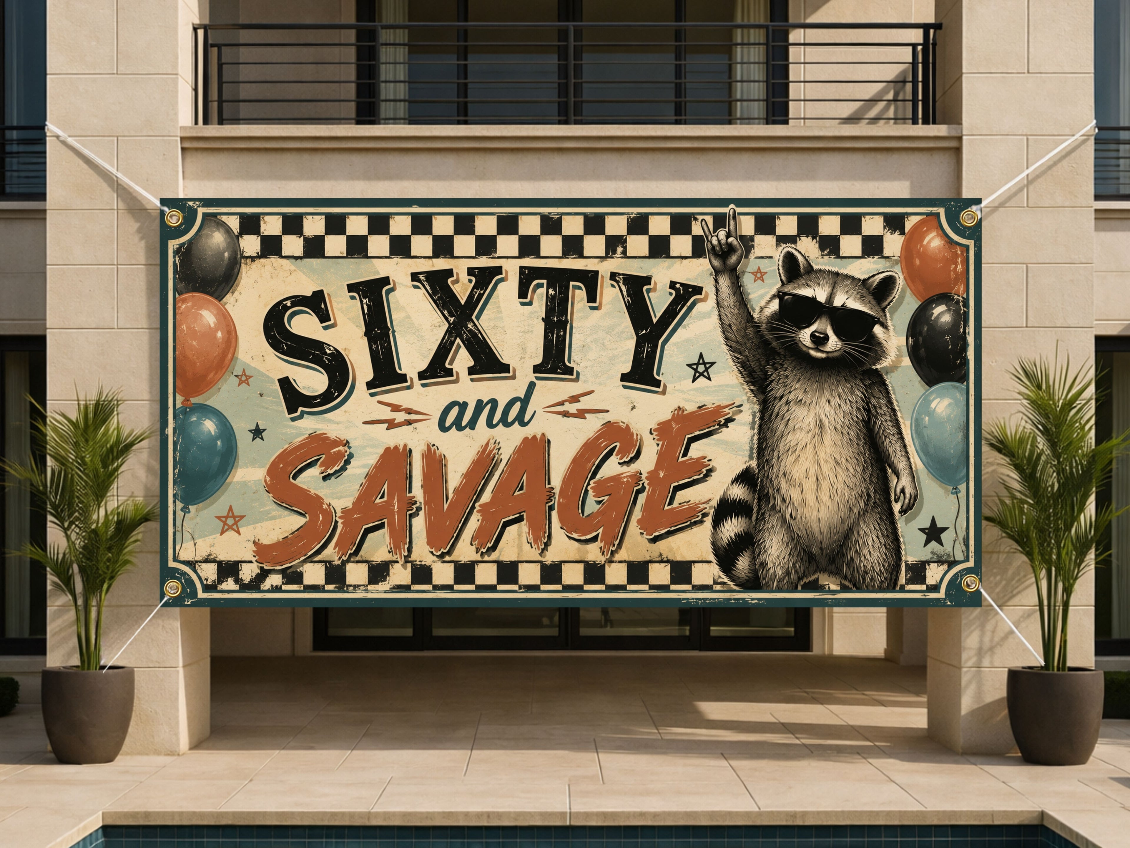 Funny 60th Birthday Banner, Raccoon Party Sign, Savage Birthday Backdrop