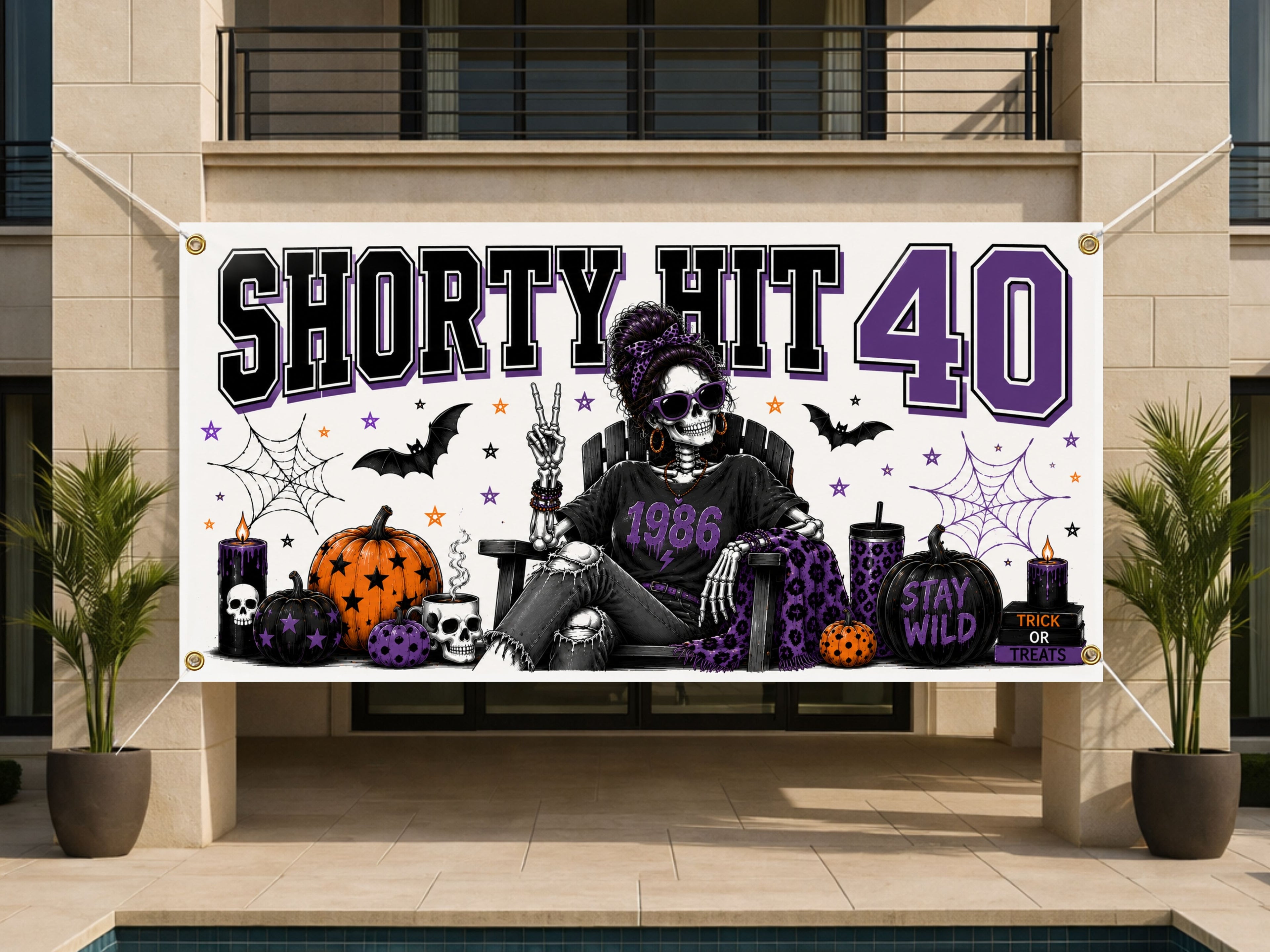 Funny 40th Birthday Banner, Skeleton Party Backdrop, Gothic Birthday Decor