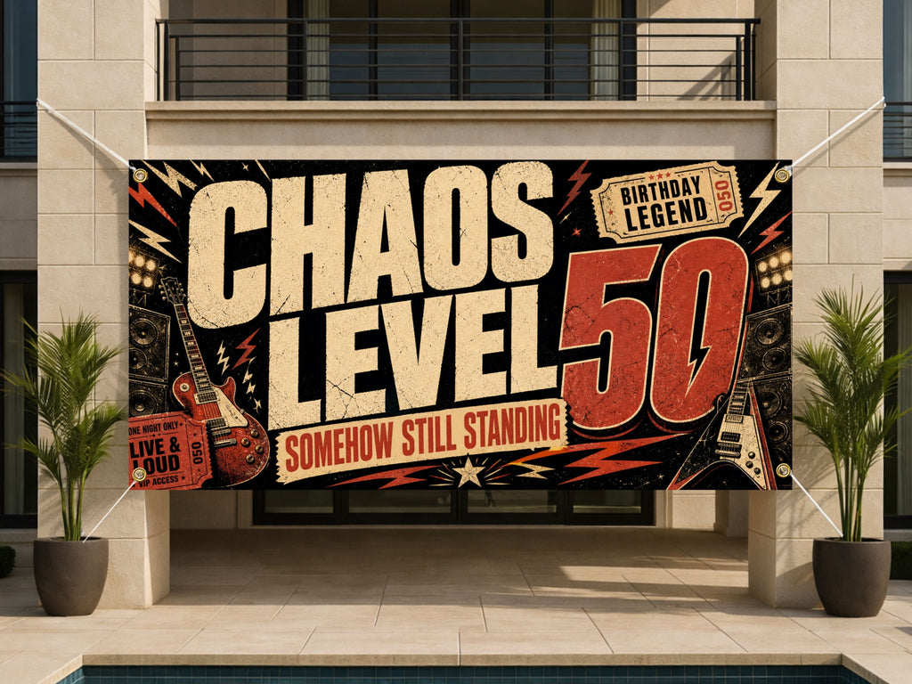 Funny 50th Birthday Banner, Chaos Level Fifty Sign, Party Backdrop