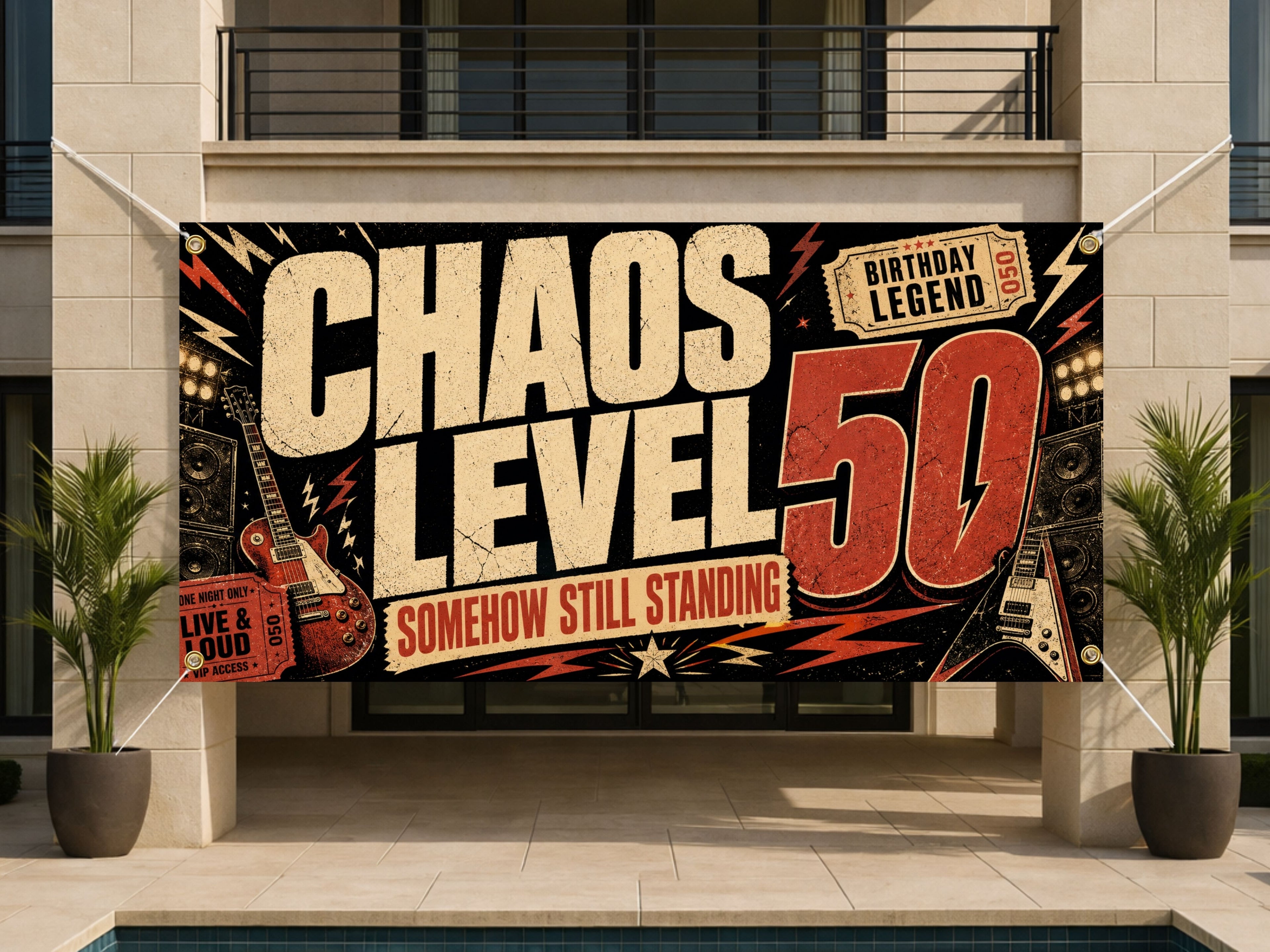 Funny 50th Birthday Banner, Chaos Level Fifty Sign, Party Backdrop